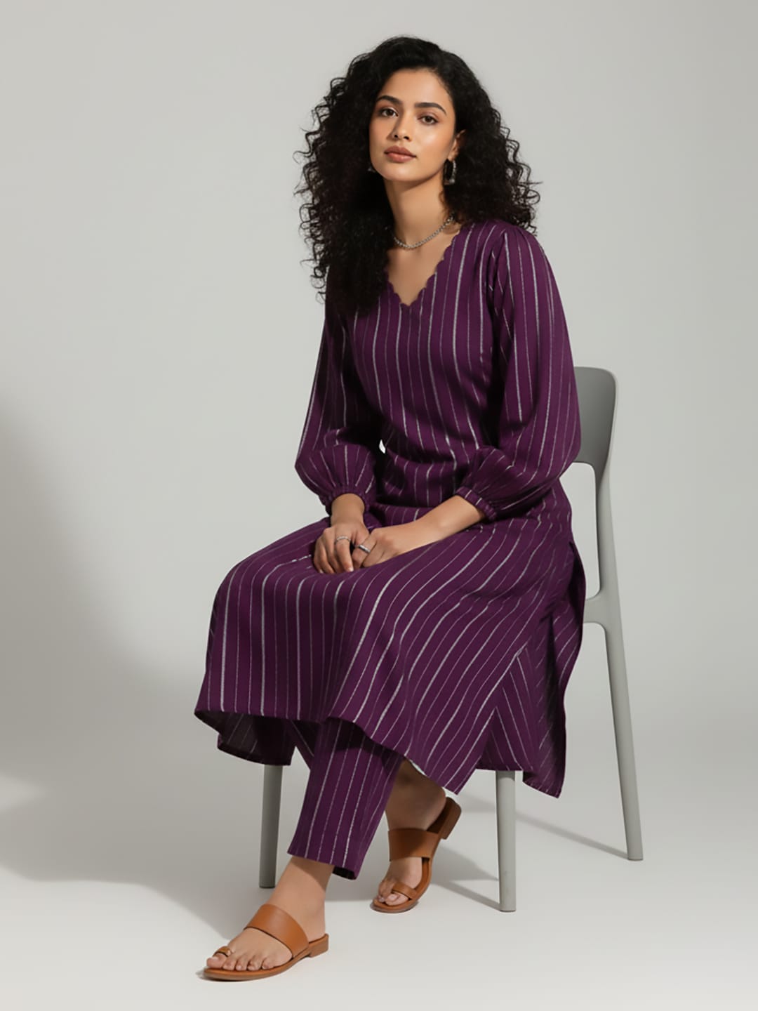 The Kurti Collection Women Purple Lurex A- Line Kurta With Trousers