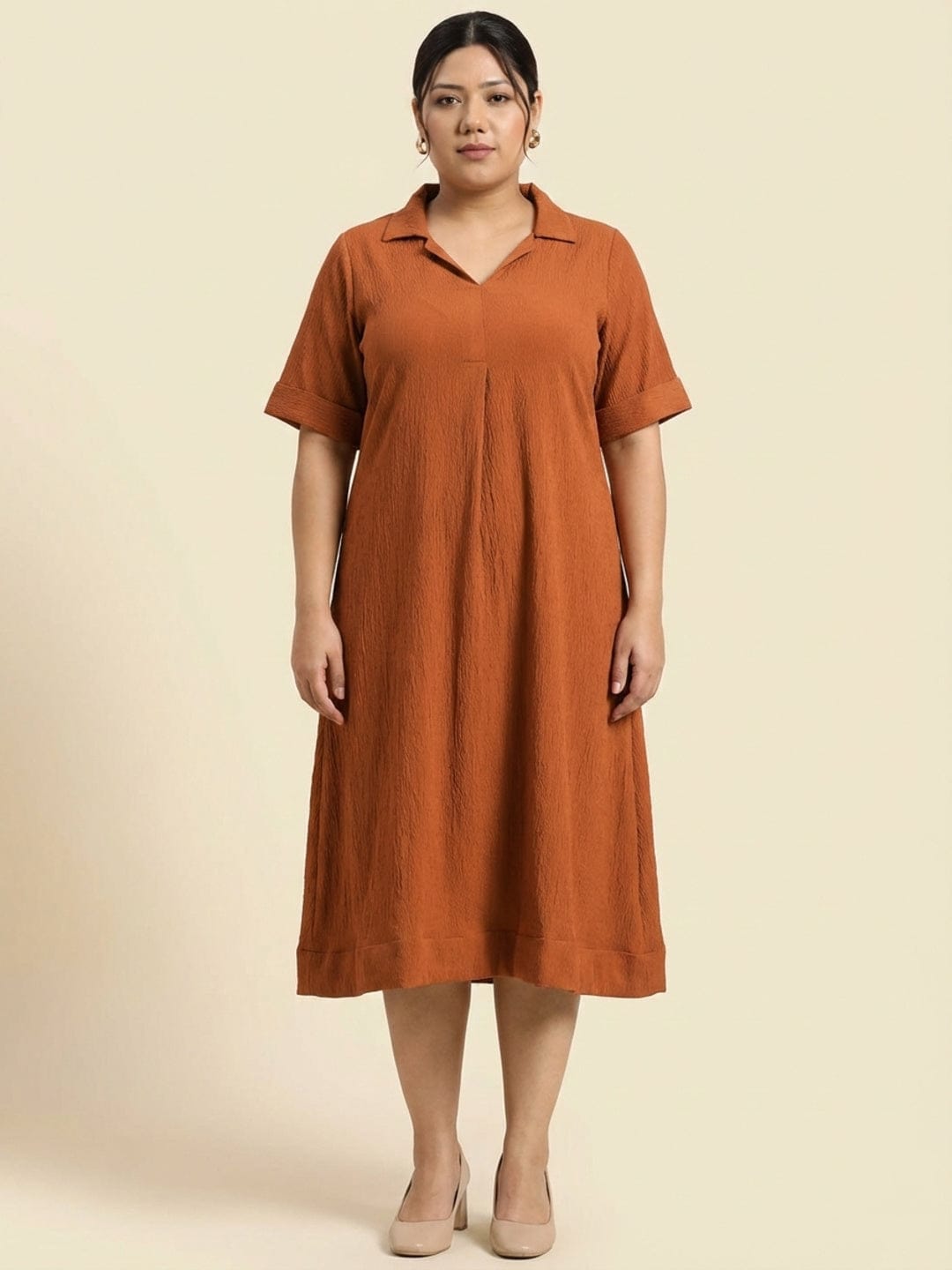 The Kurti Collection Women Beige Shirt Collar A Line Dress
