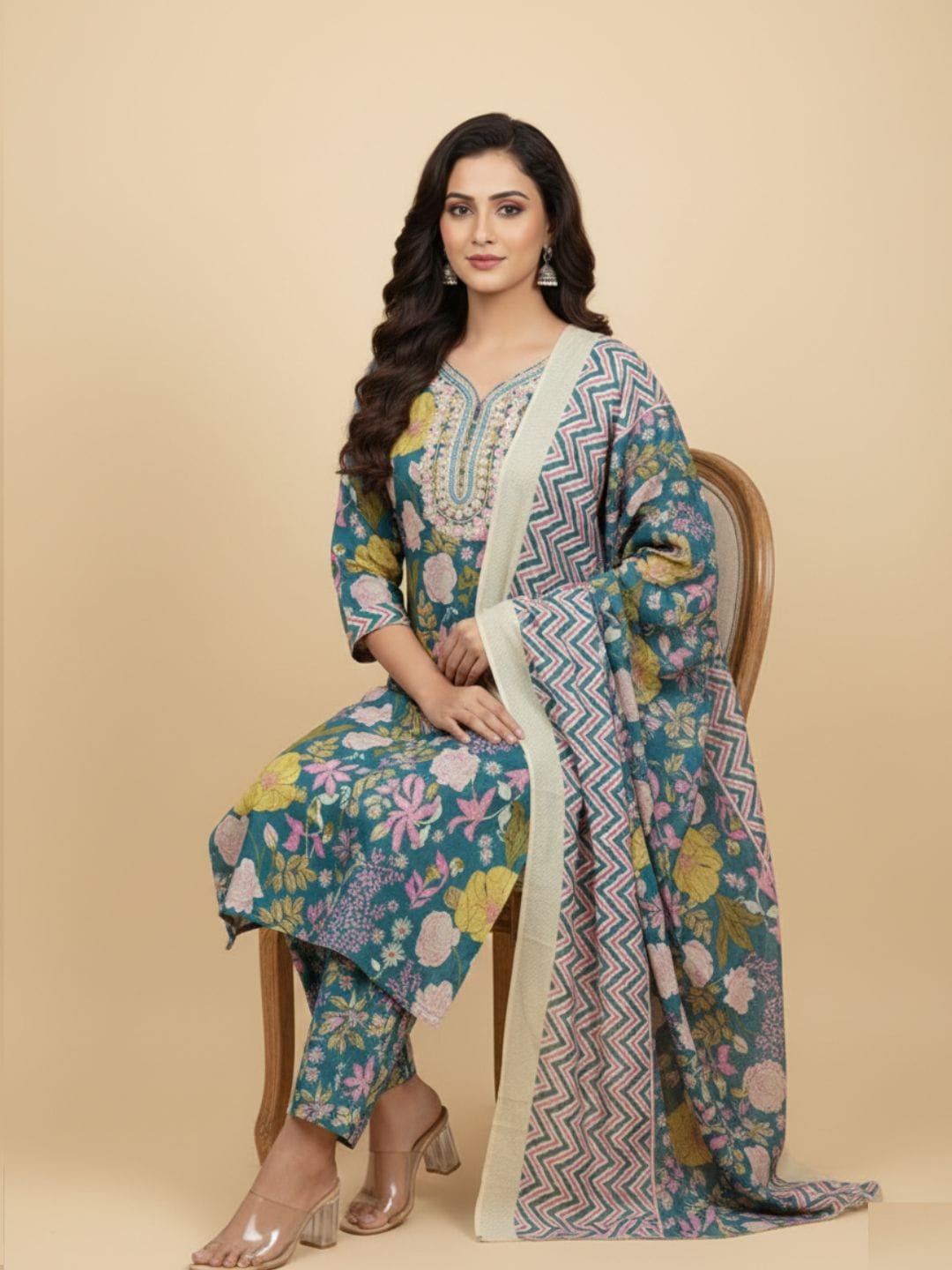 Soft Teal Botanical Print Suit set