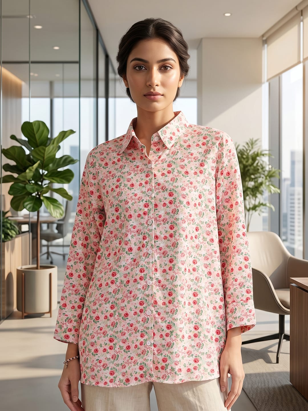 Red Coloured Slim Collar Long Sleeves Floral Shirt