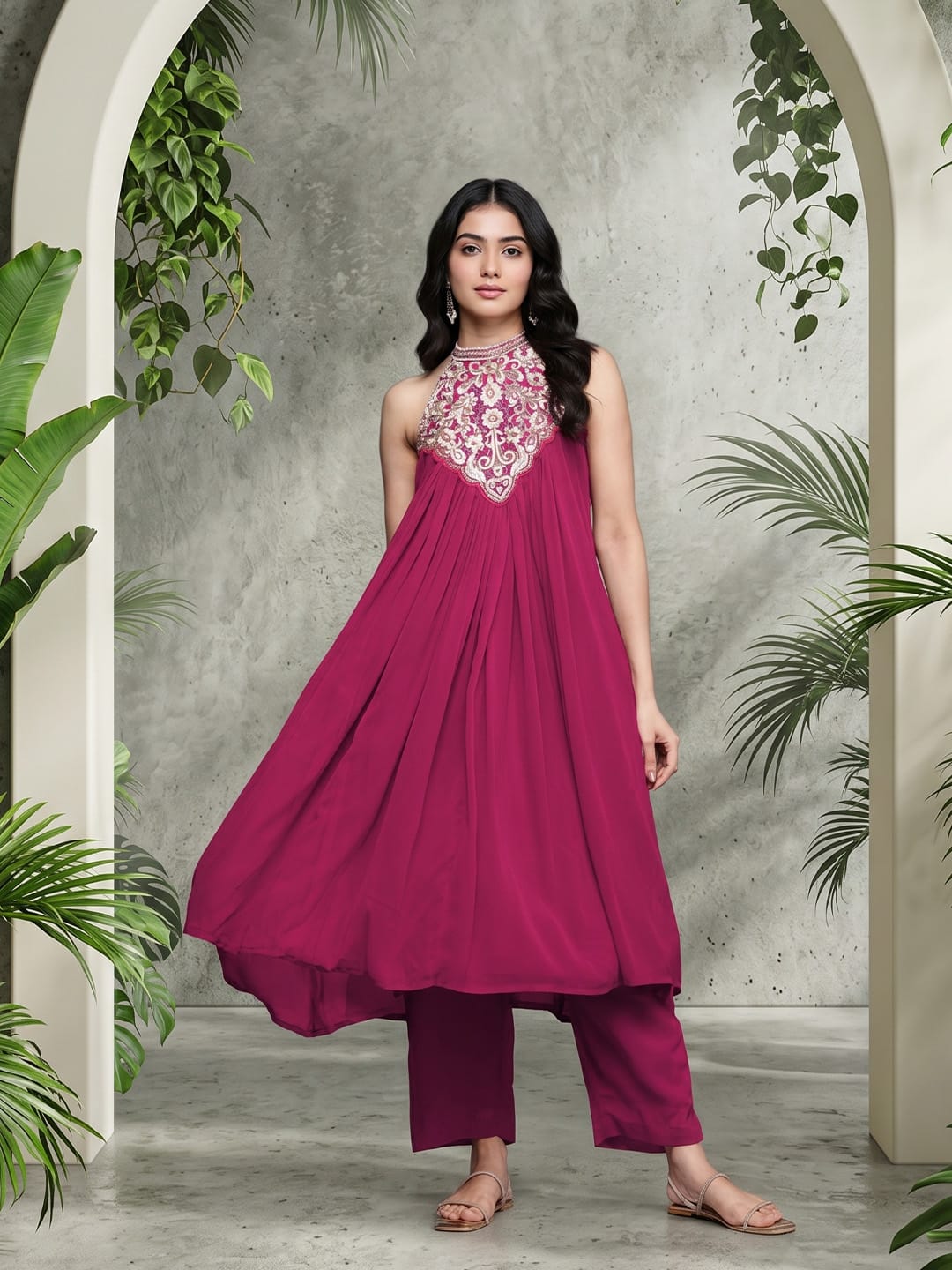 The Kurti Collection Women Fushcia Embroidered Sleeveless Flared Kurta Paired With Tonal Bottom