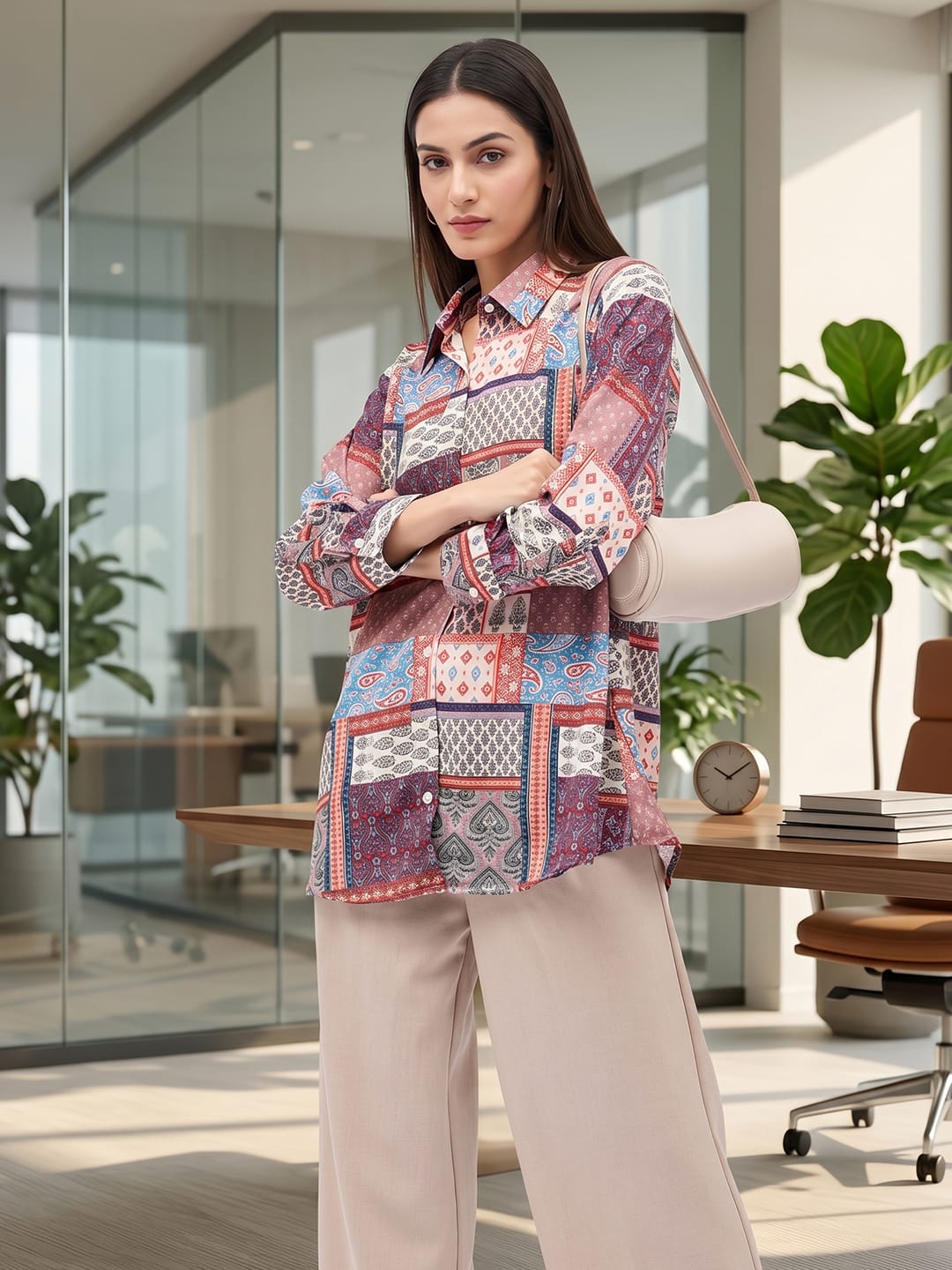 Multi Coloured Slim Collar Long Sleeves Colourblocked Shirt