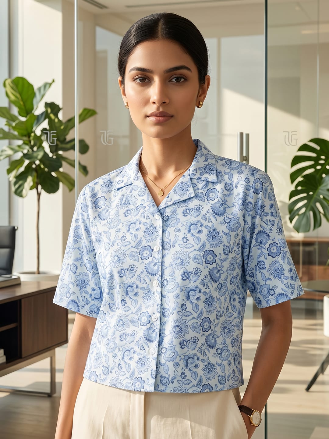 Blue Coloured Short Sleeves Shirt Collar Top