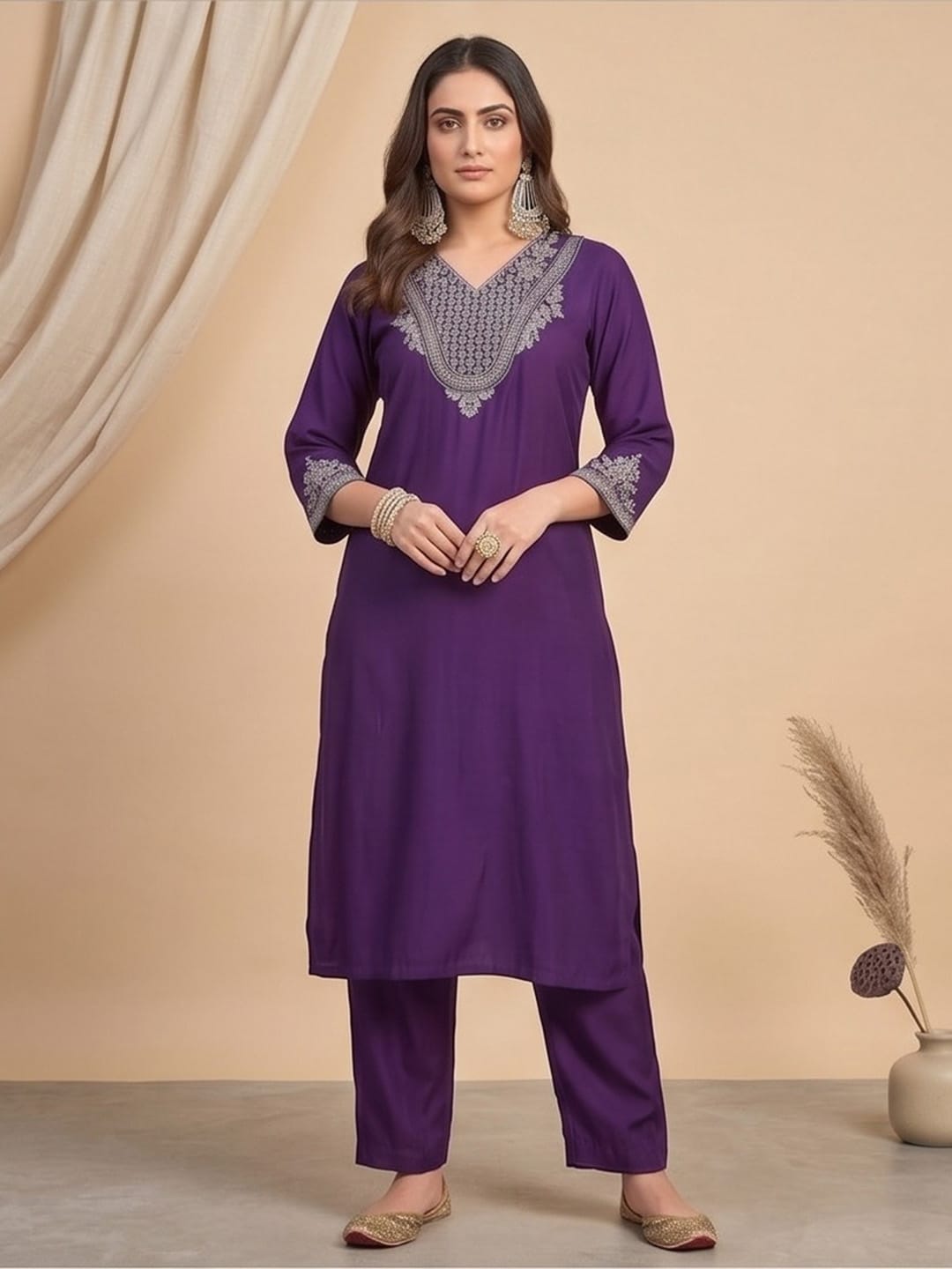 Kurta Set With Intricate Zari Embroidery, Paired With Solid Ankle-Length Trousers And An Embroidered Dupatta