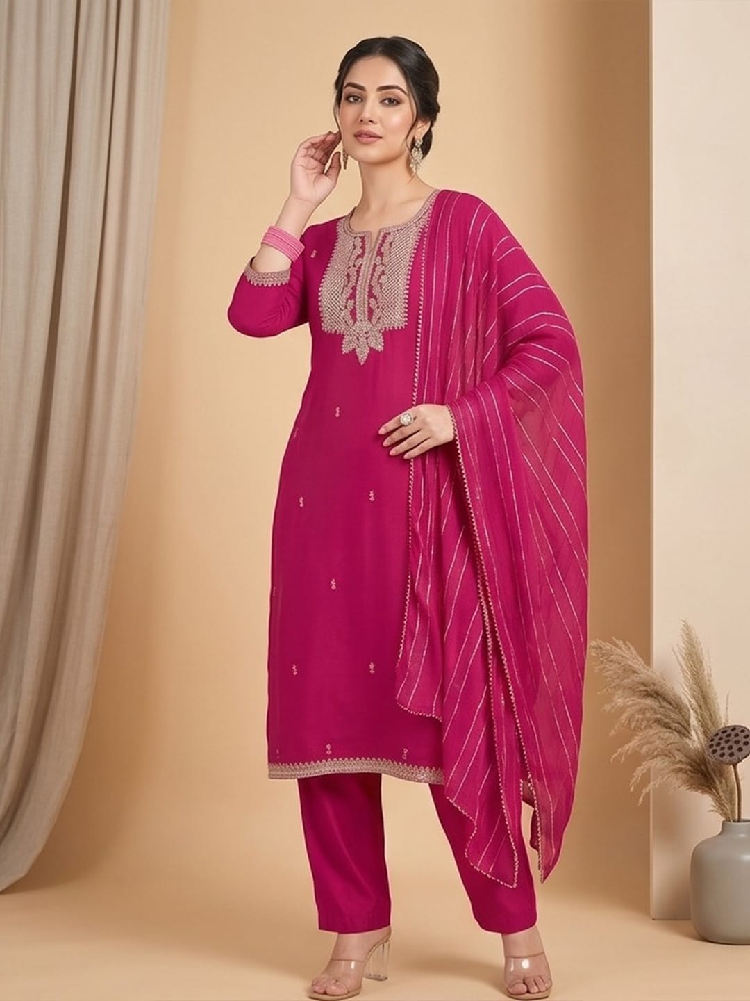 Kurta Adorned With Thread Embroidery, Teamed With Trousers And Paired With Dupatta With And Lace Detailing