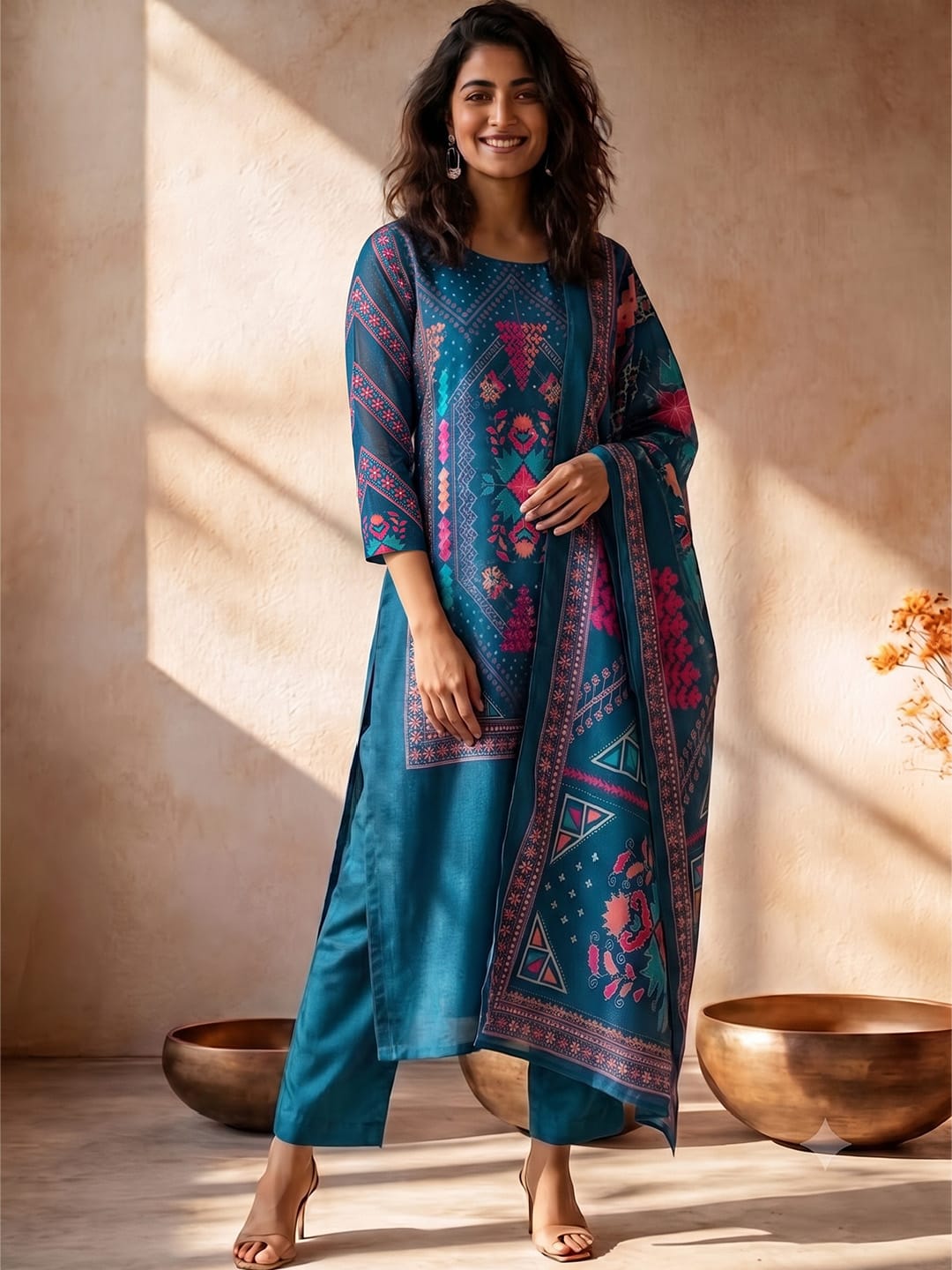 Kurta Set Featuring Artistic Prints And A Statement Dupatta