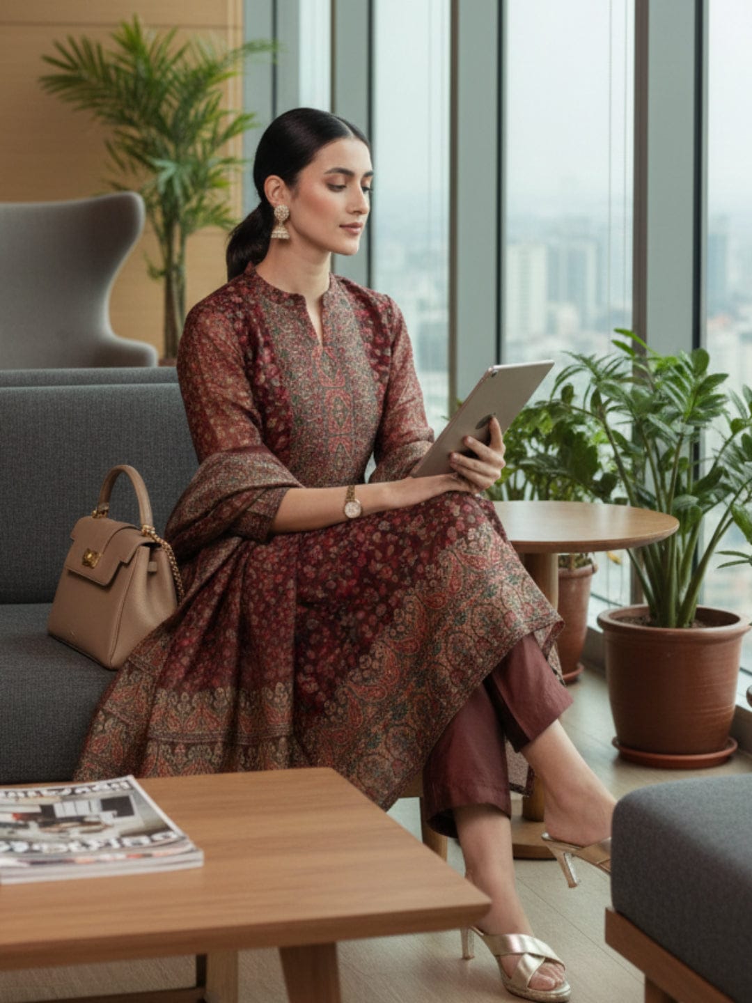 The Kurti Collection Women Brown Printed Straight Kurta Paired With Solid Bottom And Printed Dupatta