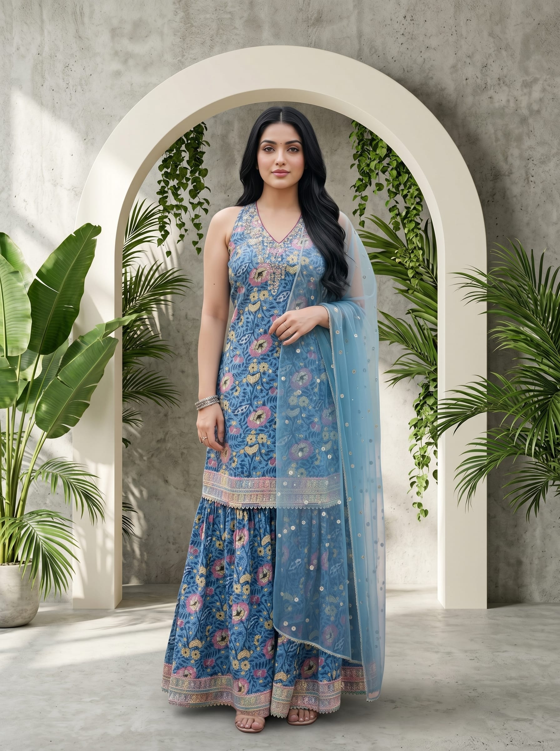 Azure Blue All-Over Floral Print Kurta Set With Dupatta