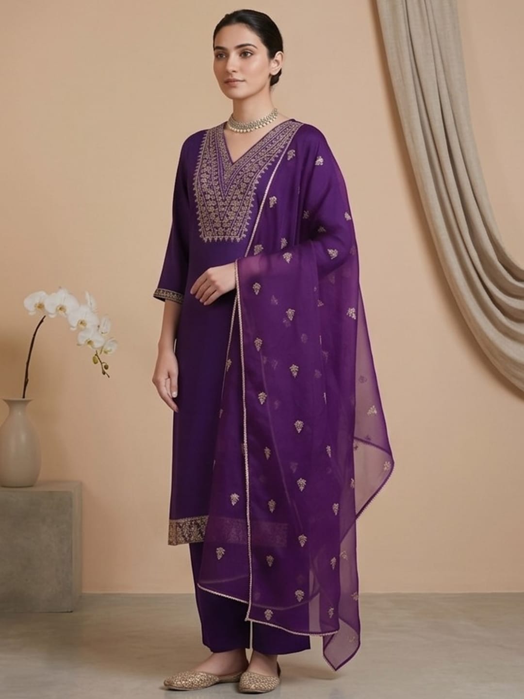 The Kurti Collection Women Zari Embroidered Yoke Kurta With Trouser & Sequins Detailed Dupatta