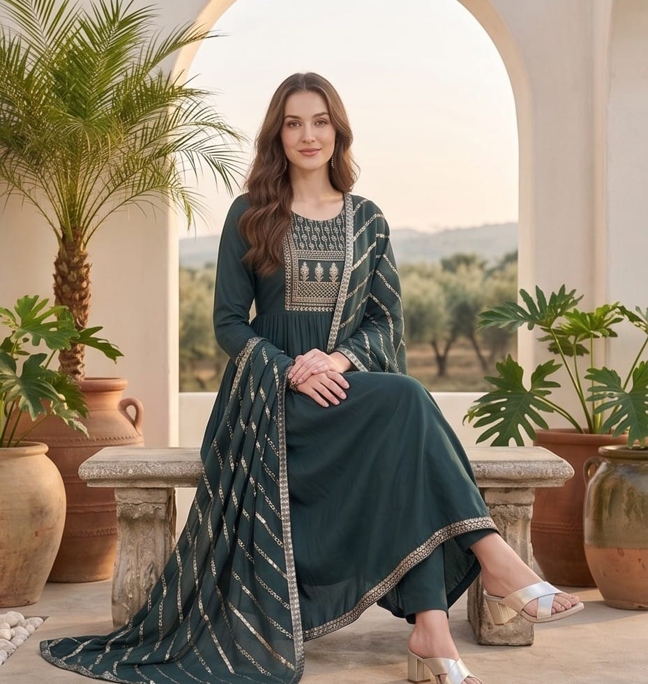 The Kurti Collection Women Grey Yoke Embroidered Straight Kurta Paired With Tonal Solid Bottom And Dupatta