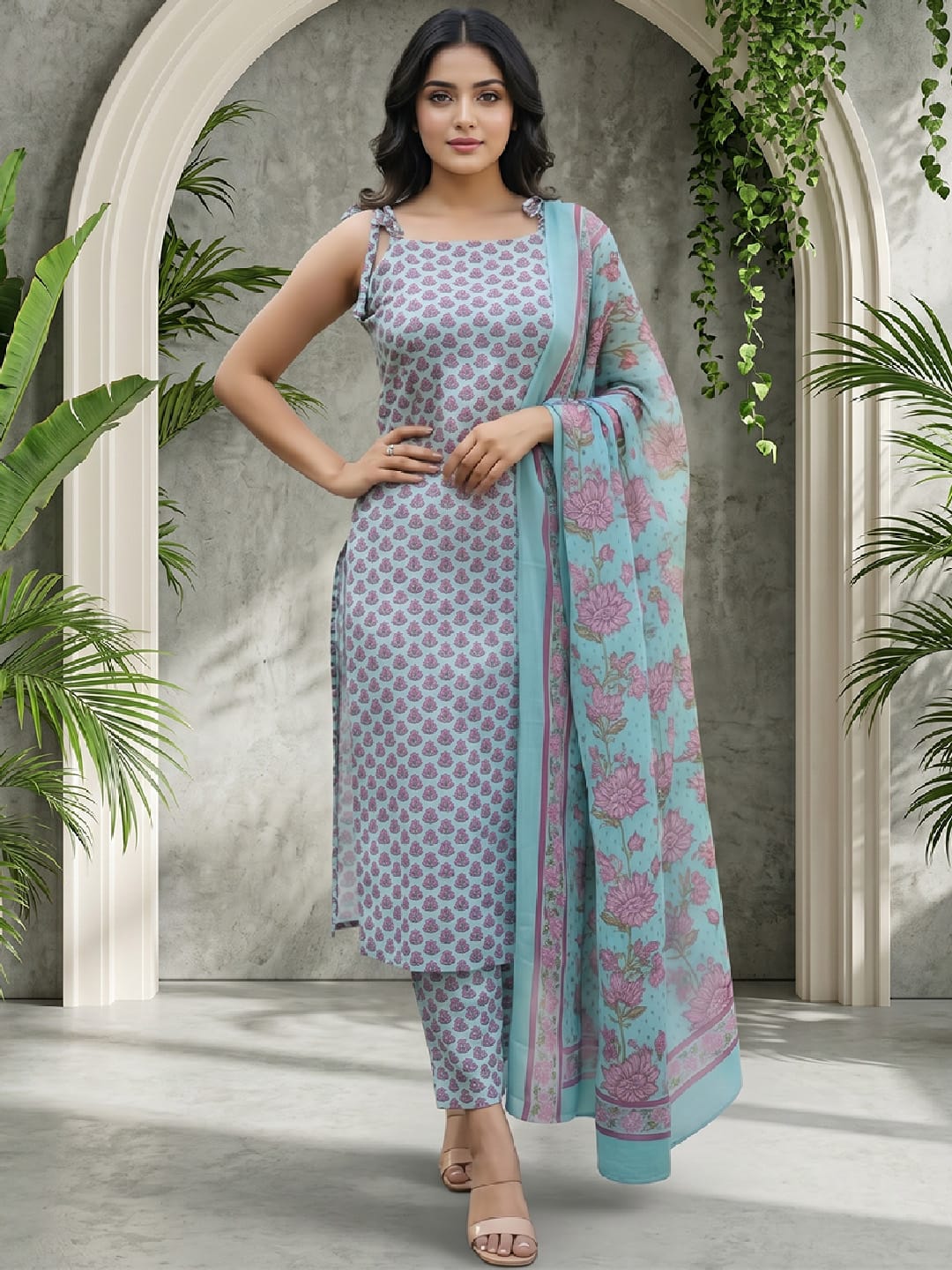 Floral Print Cotton Kurta Set with printed Dupatta
