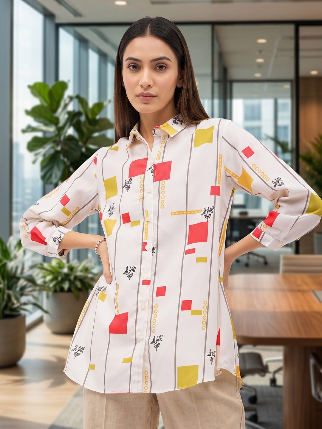 White Coloured Slim Collar Long Sleeves Colourblocked Shirt