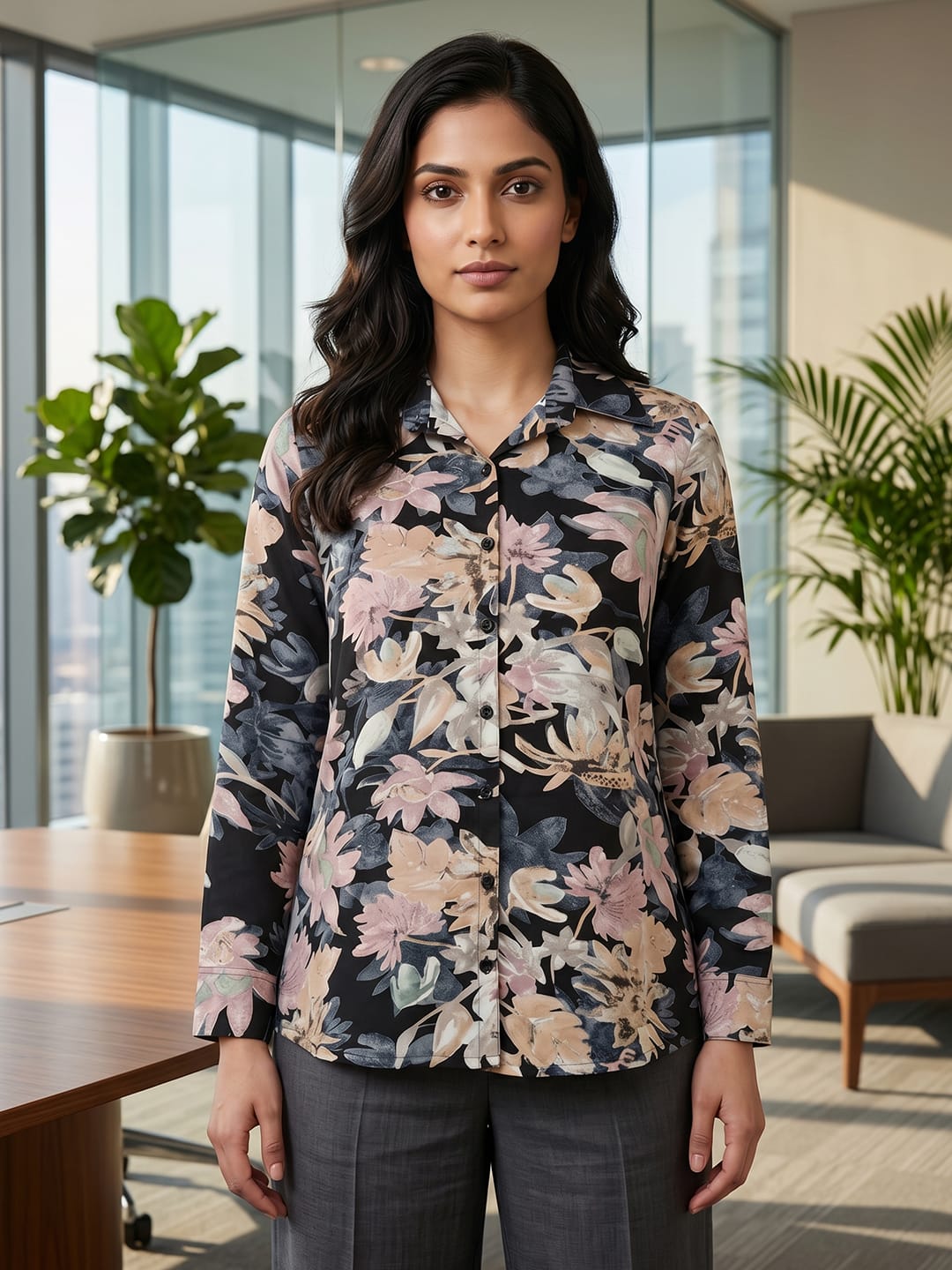 Black Coloured Slim Collar Long Sleeves Floral Shirt