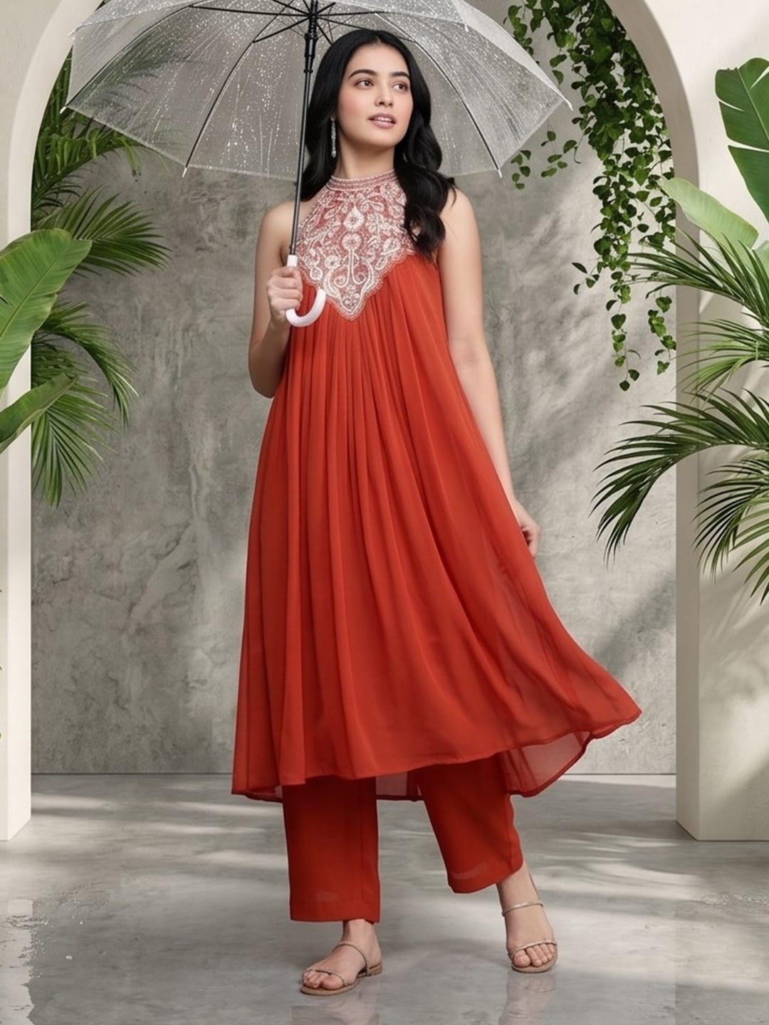 Varanga Women Halter Neck Zari And Sequence Embroidered Sleeveless Flared Kurta Paired With Tonal Bottom