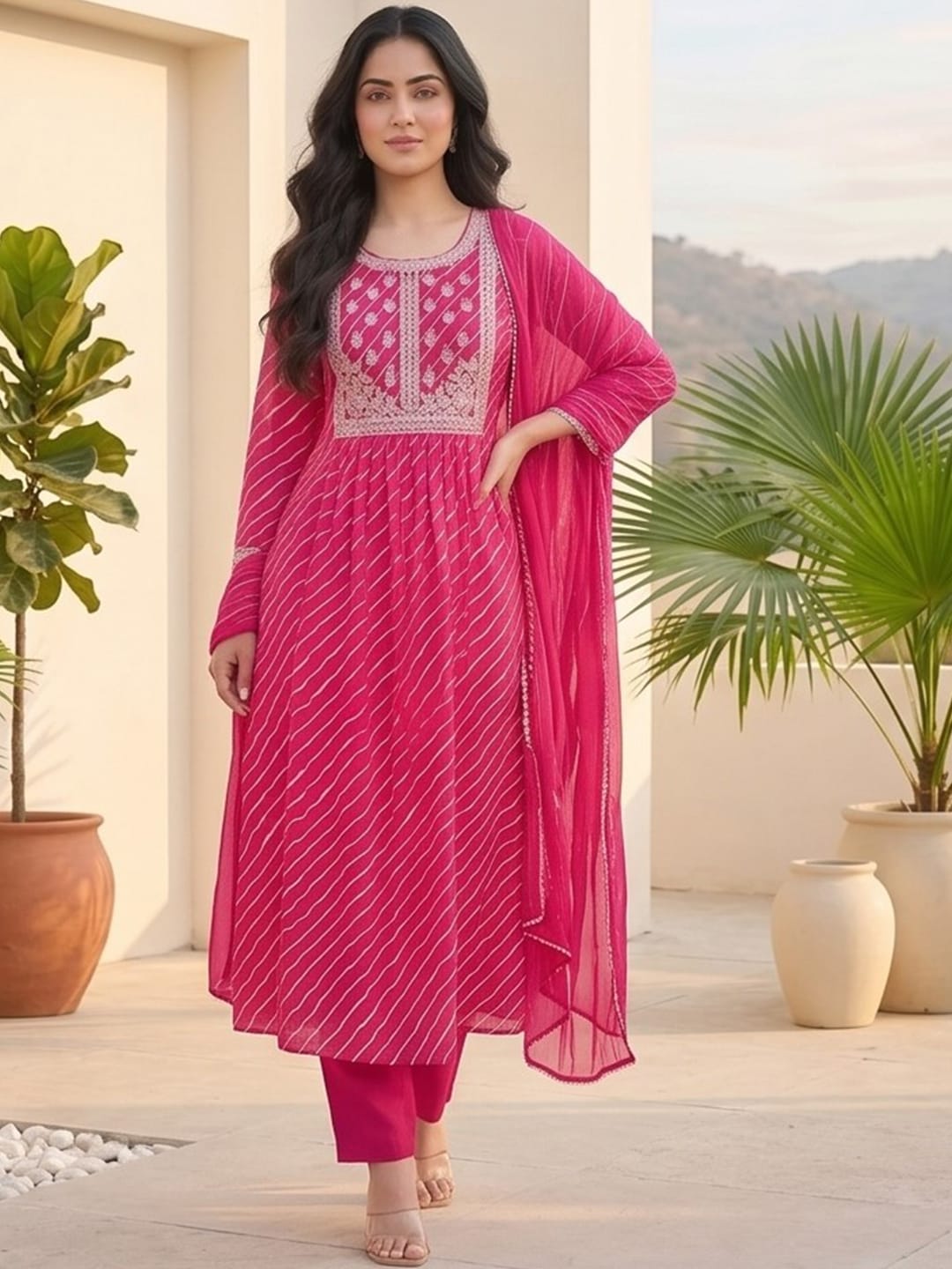 Bandhani-Printed Fuchsia Anarkali With Zari-Embroidered Yoke, Paired With Solid Trousers And Dupatta .