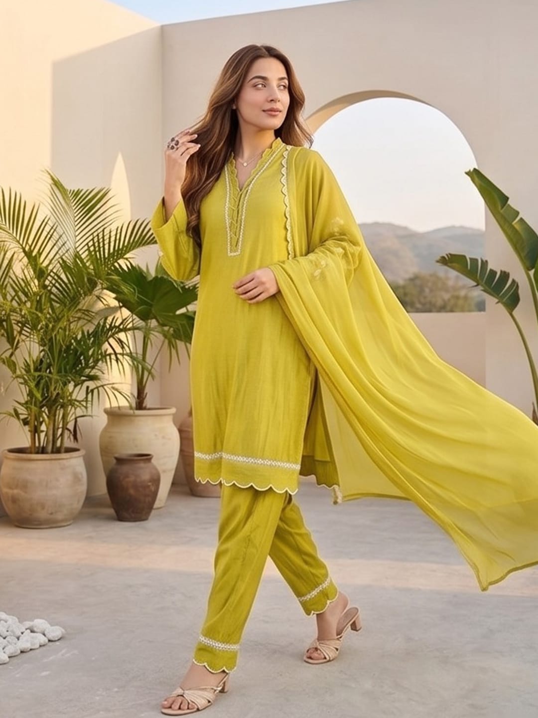 Kurta Set With 3D Work On The Sleeves Paired With Solid Trousers And Dupatta.