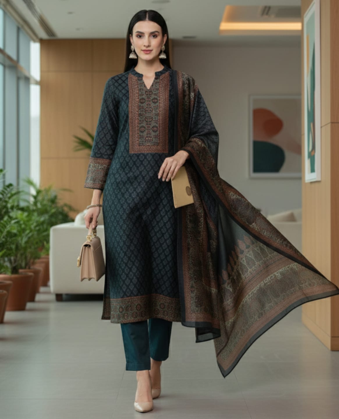 The Kurti Collection Women Grey Floral Printed Straight Kurta Paired With Solid Bottom And Printed Dupatta