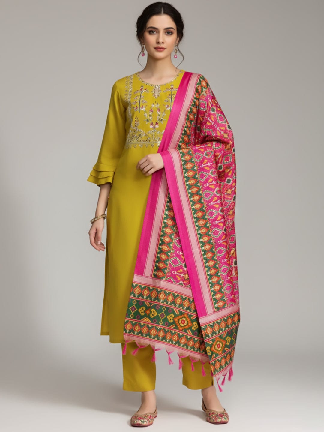 The Kurti Collection Women Gota Embroidered Yoke Kurta With Trousers And Dupatta Set