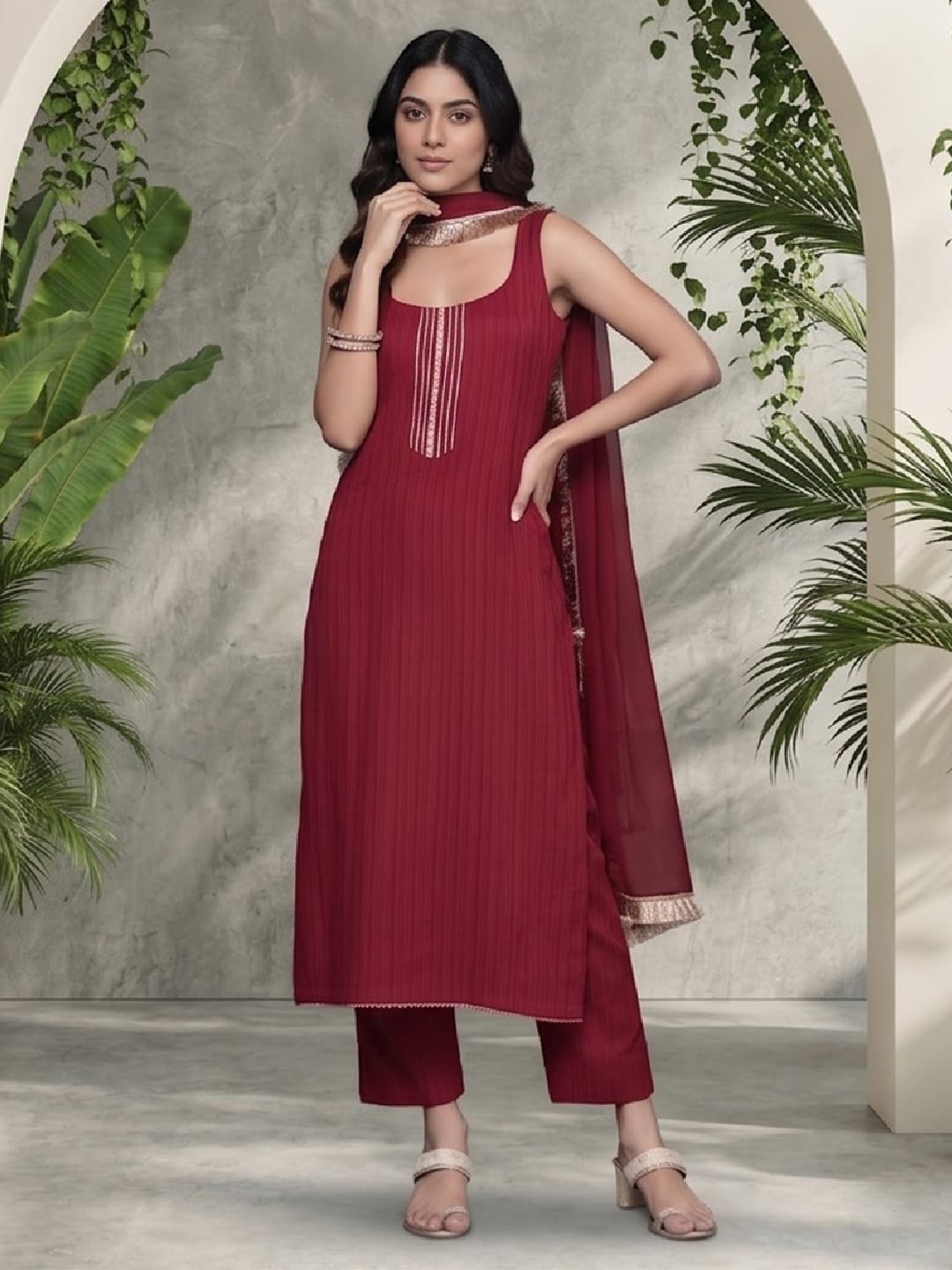 The Kurti Collection Women Maroon Round Neck, Spaghetti Strap Style Straight Kurta Paired With Tonal Bottom And Dupatta