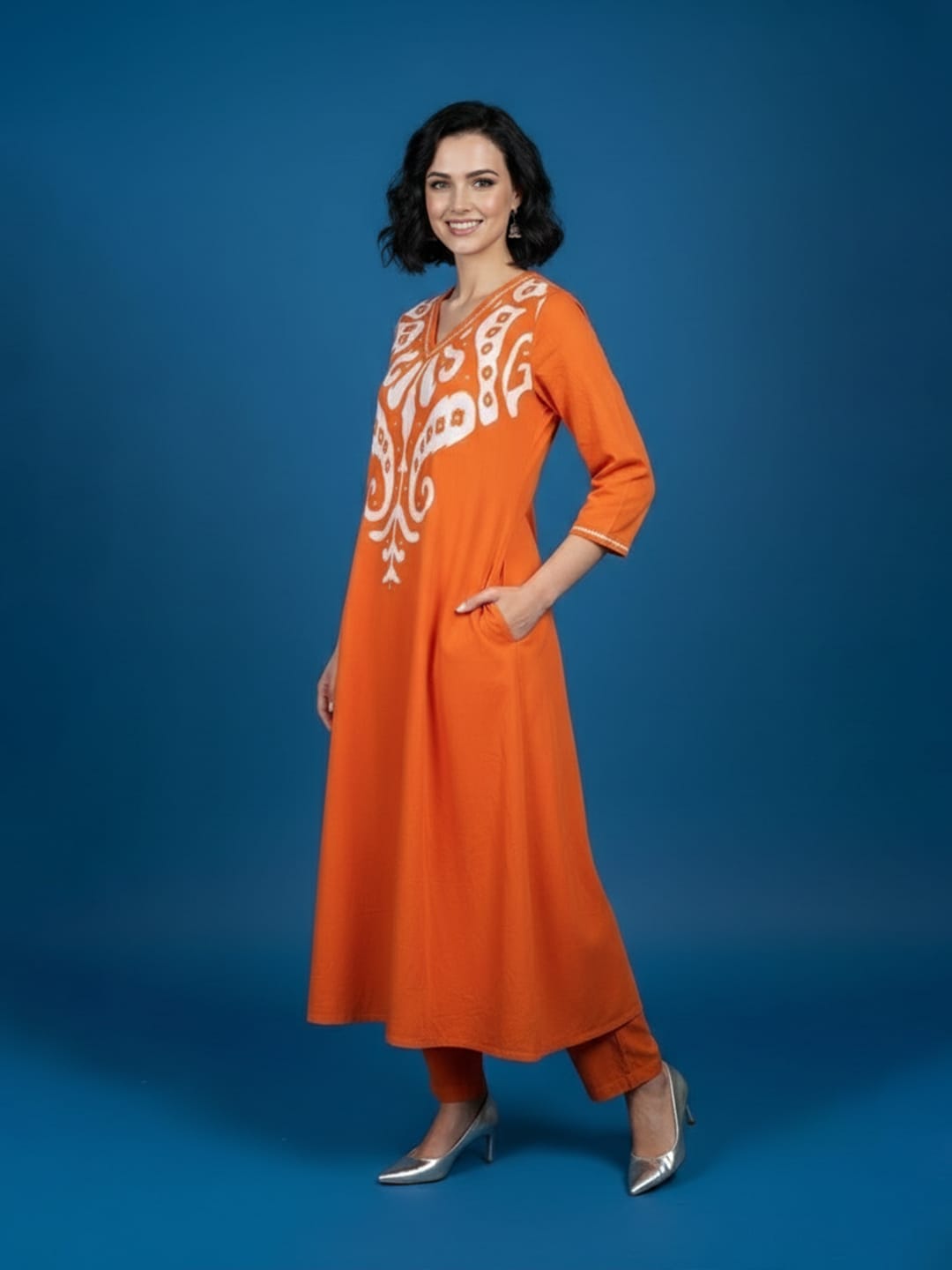 Tangerine Dream Ikkat V-Neck Kurta set
