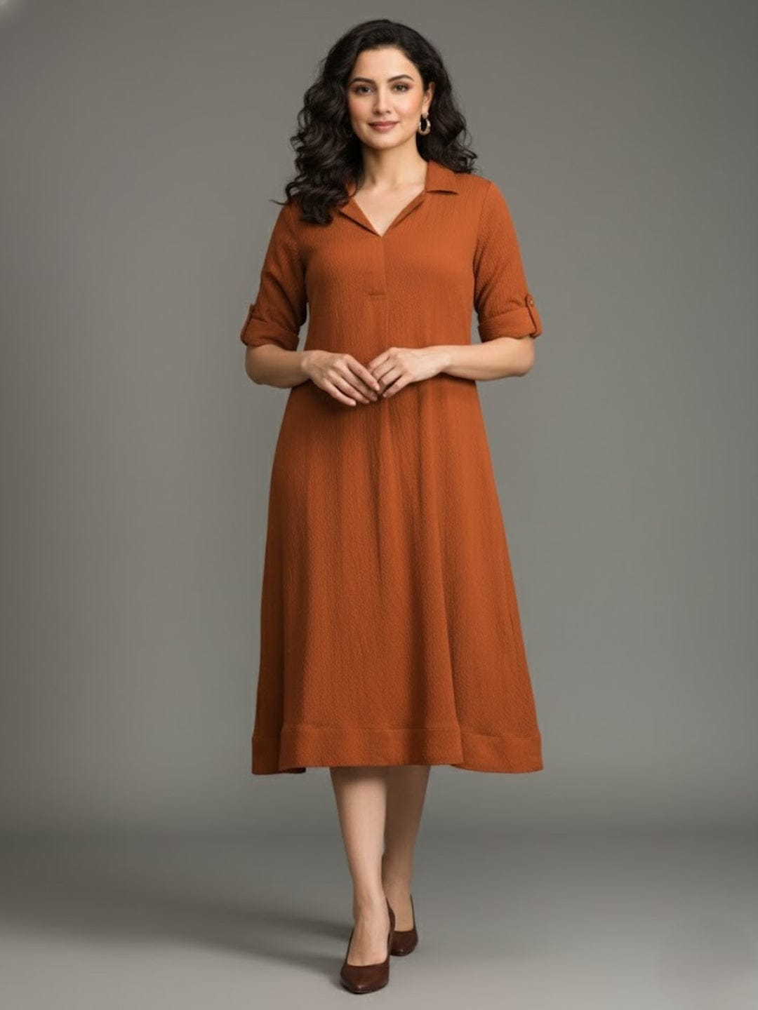 The Kurti Collection Women Beige Shirt Collar A Line Dress