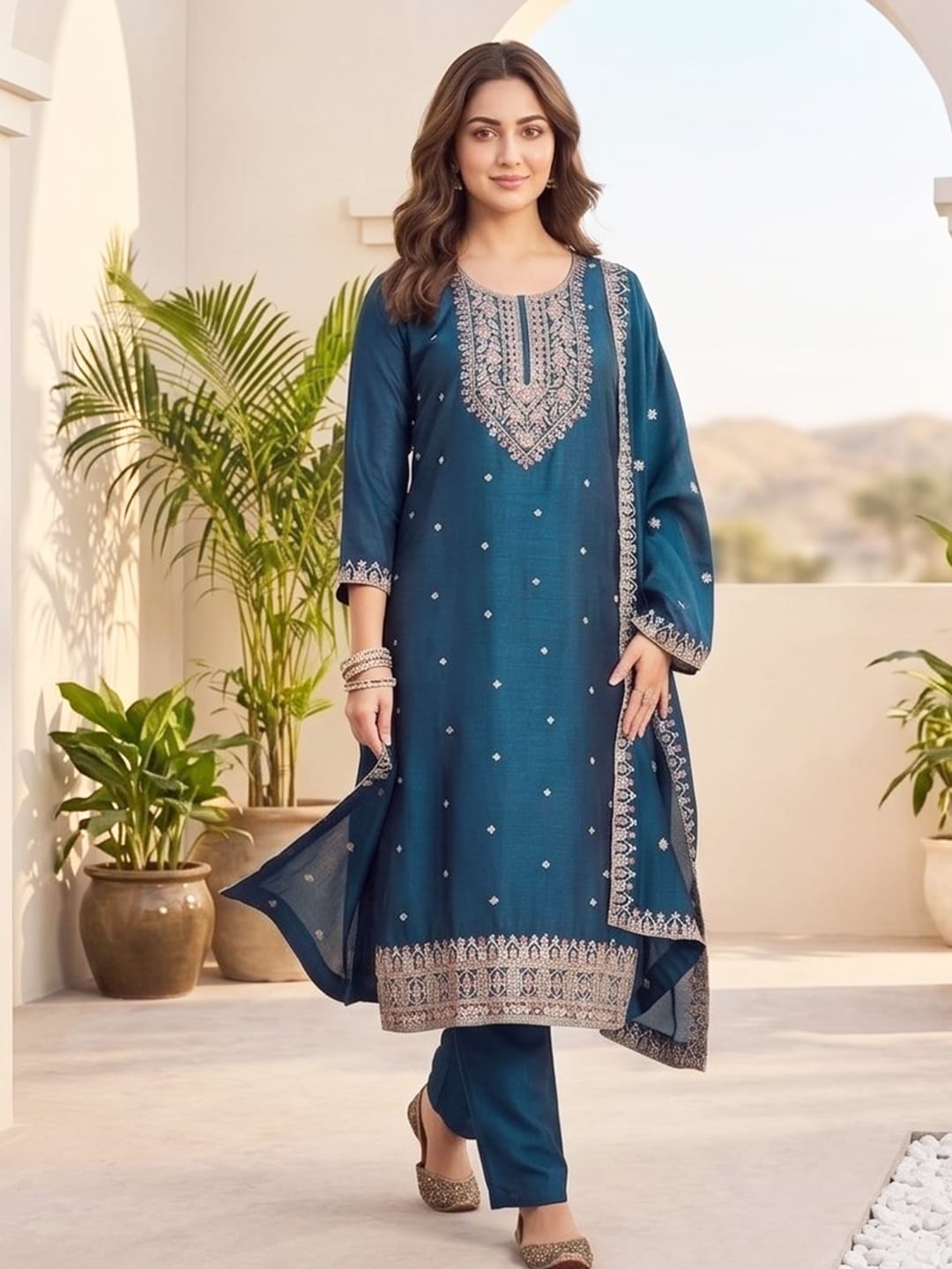 Kurta With Intricate Zari-Embroidered Yoke With Ankle-Length Solid Trousers And A Matching Zari-Accented Dupatta
