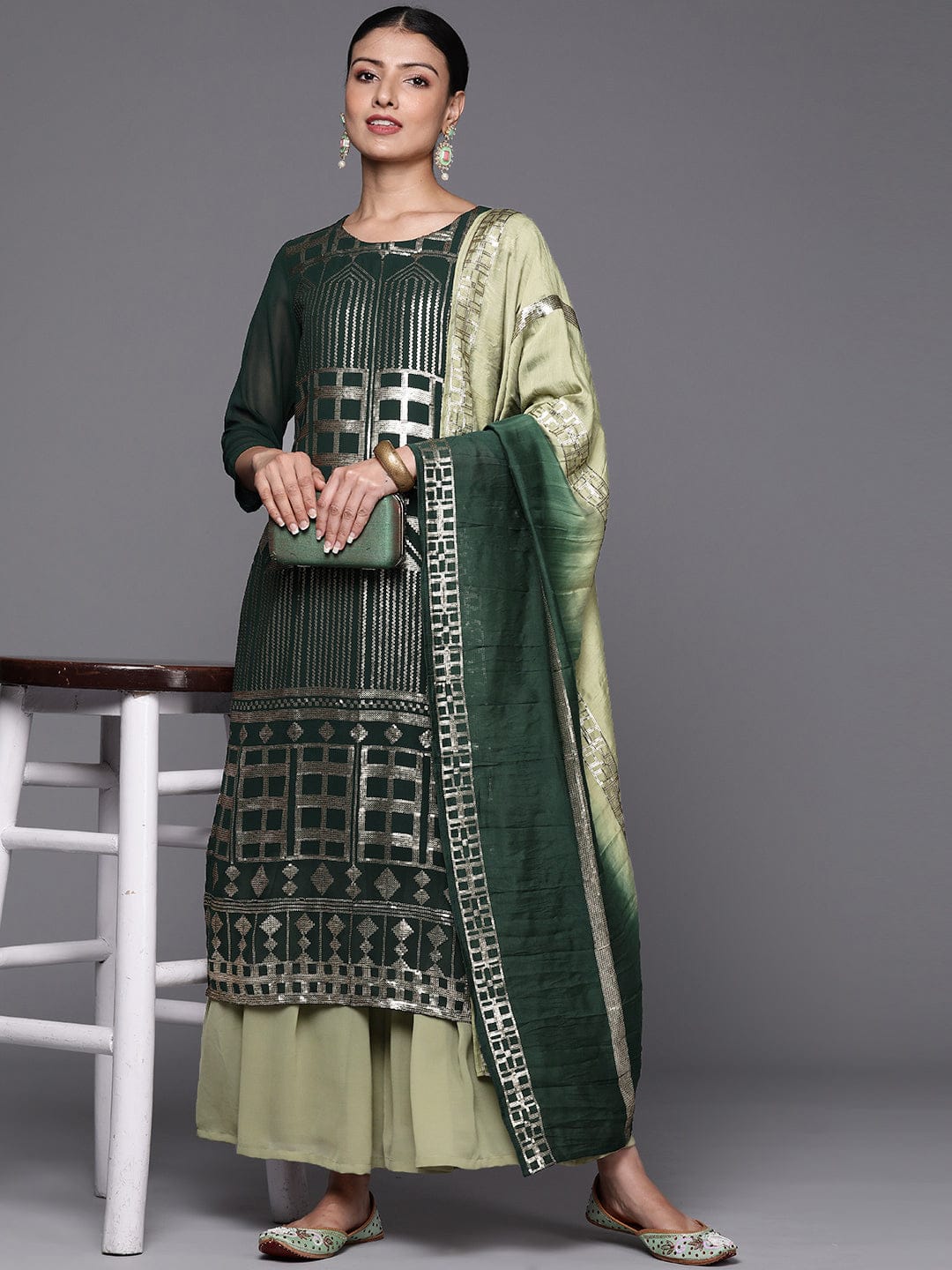The Kurti Collection Women Green Sequins Embellished Kurta Paired With Contrast Sharara And Ombre Dupatta