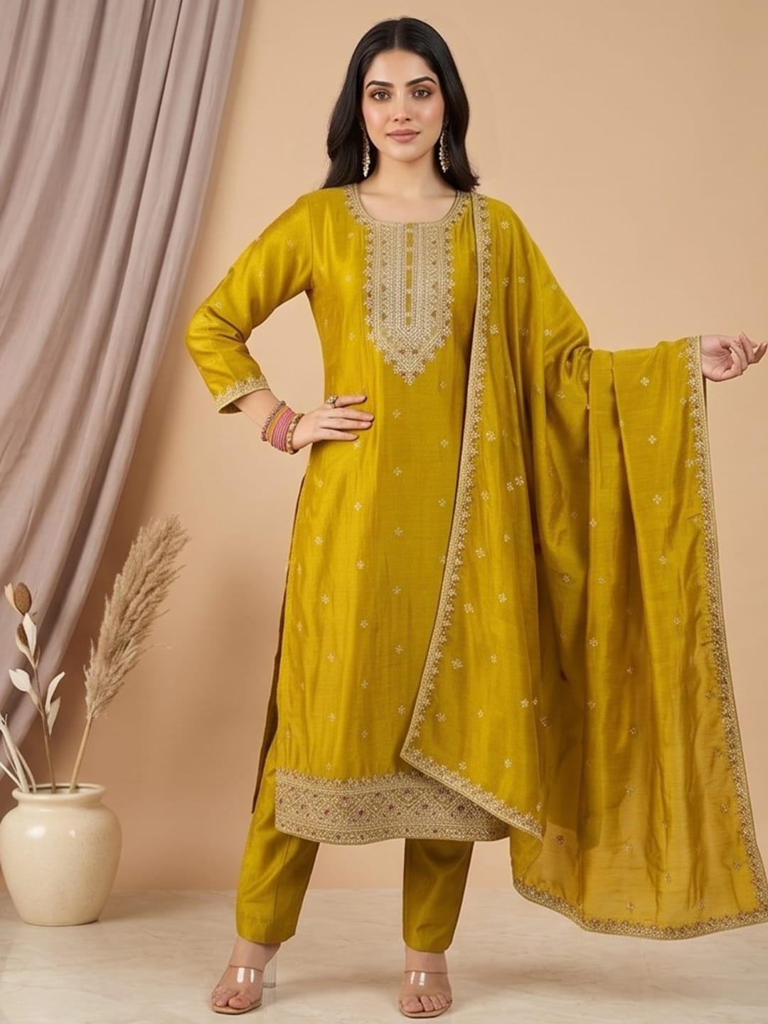 Kurta With Intricate Zari-Embroidered Yoke With Trousers And Zari-Accented Dupatta