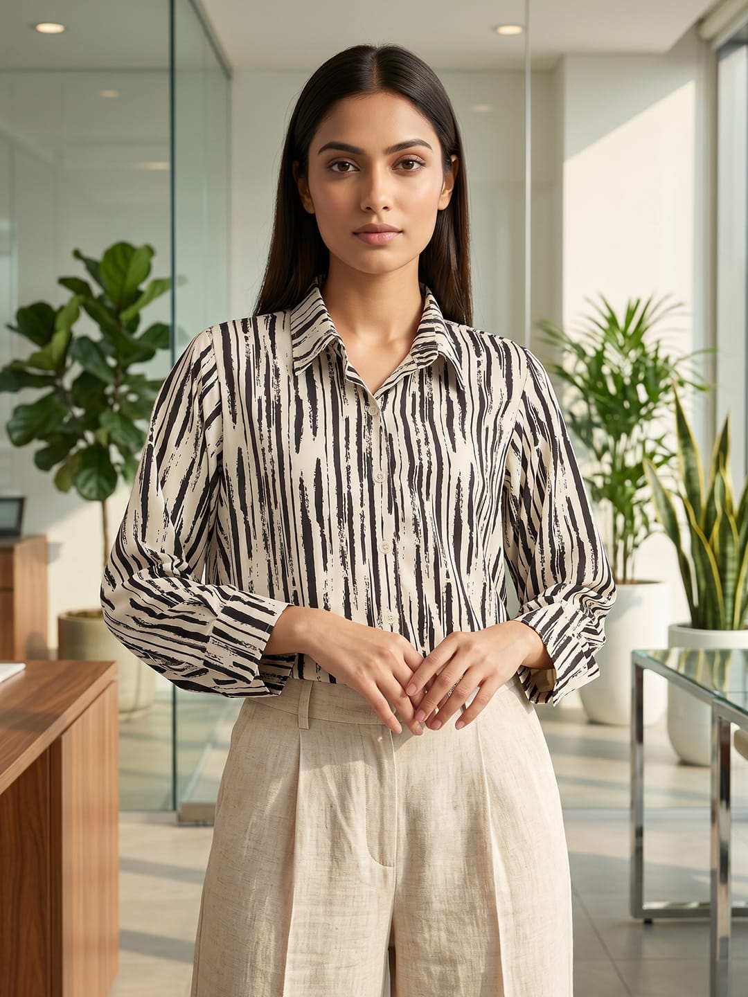 Cream Coloured Slim Collar Long Sleeves Abstract Shirt