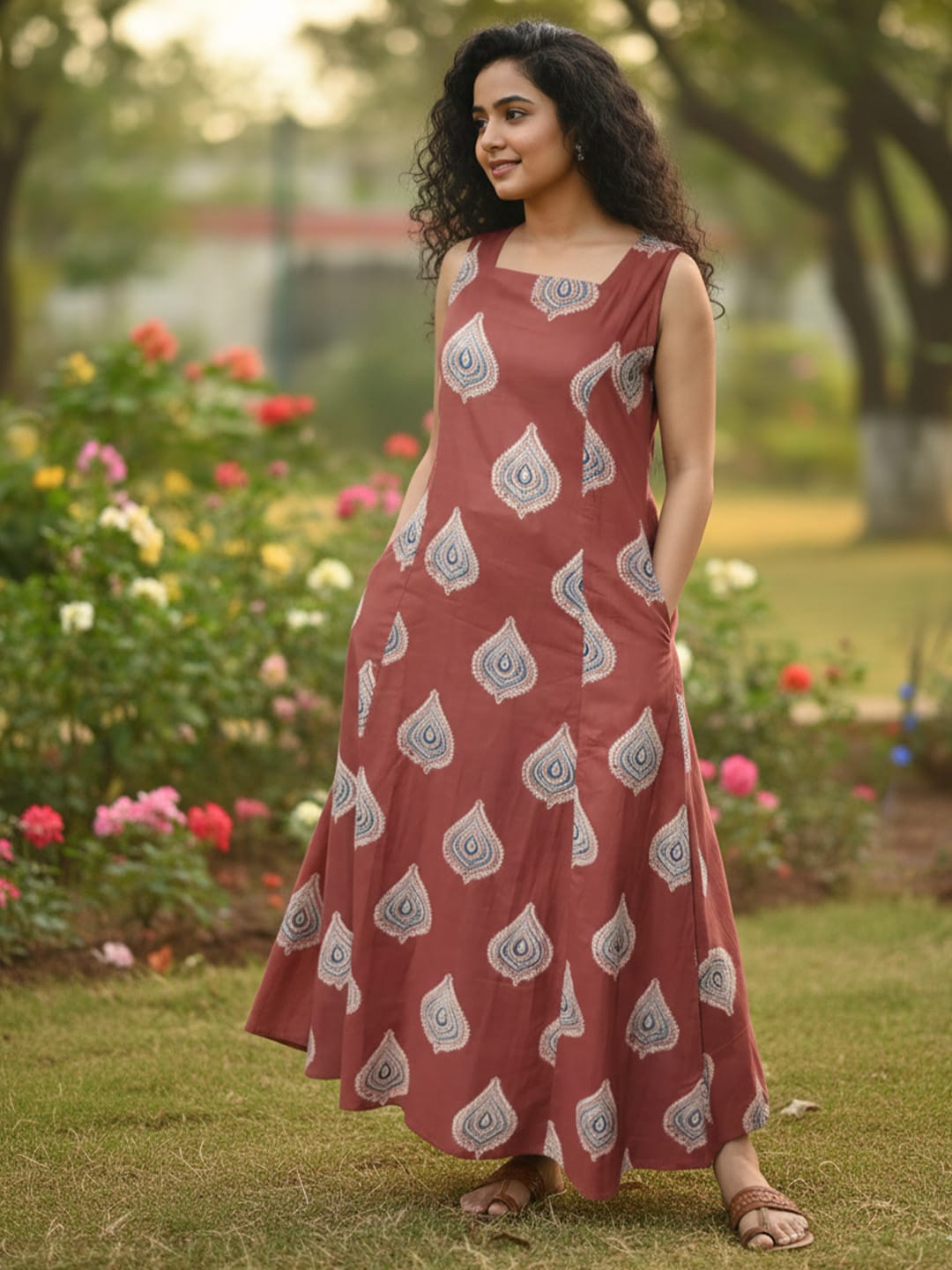 Ajrakh Print Sleeveless Maxi Dress