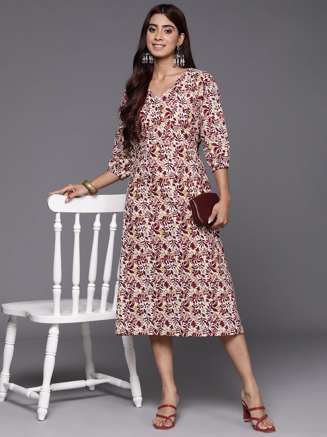 KSUT Women Maroon Floral Printed Midi Dress