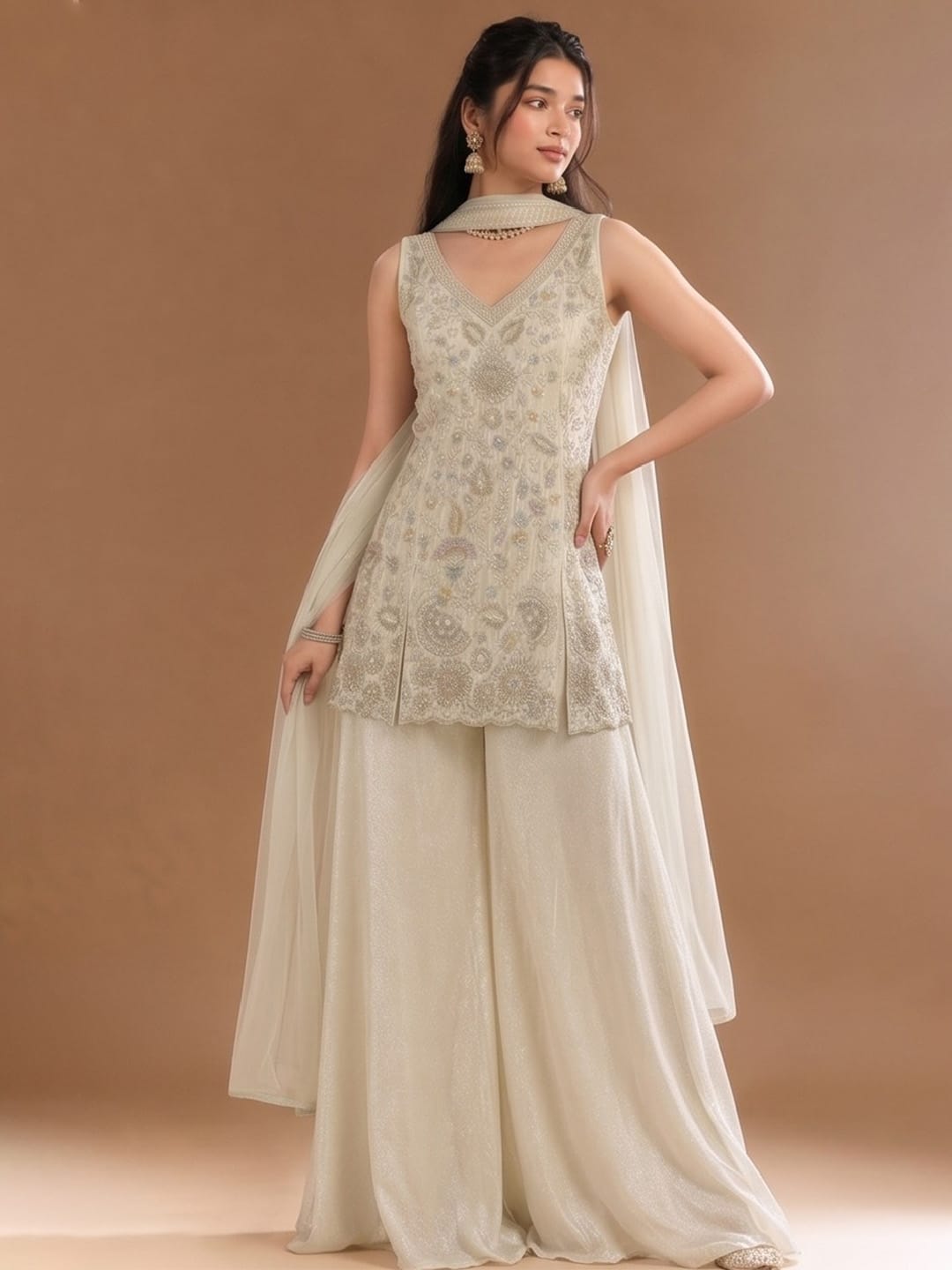 Women's Beads Embroidered Shimmer Short Kurta With Palazzo And Dupatta