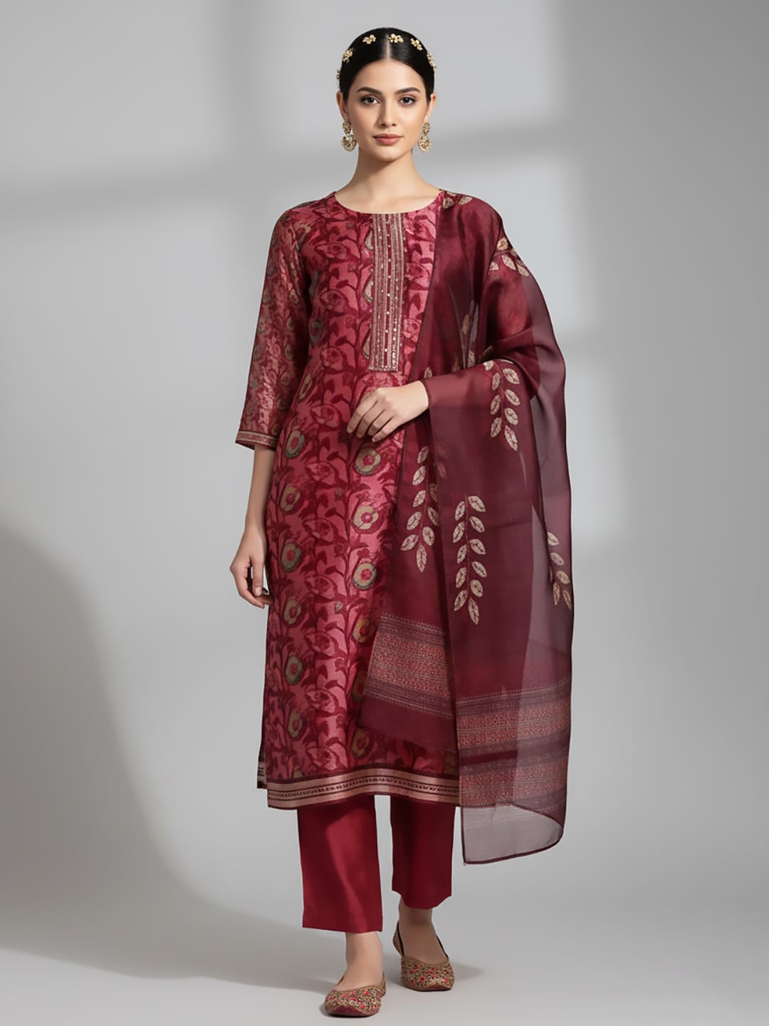 The Kurti Collection Women Maroon Floral Printed Kurta, Round Neck Straight Kurta Paired With Tonal Bottom And Printed Dupatta.