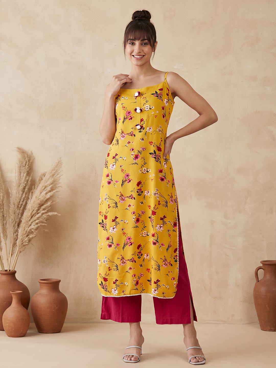 The Kurti Collection Mustard And Pink Printed Strap Kurta