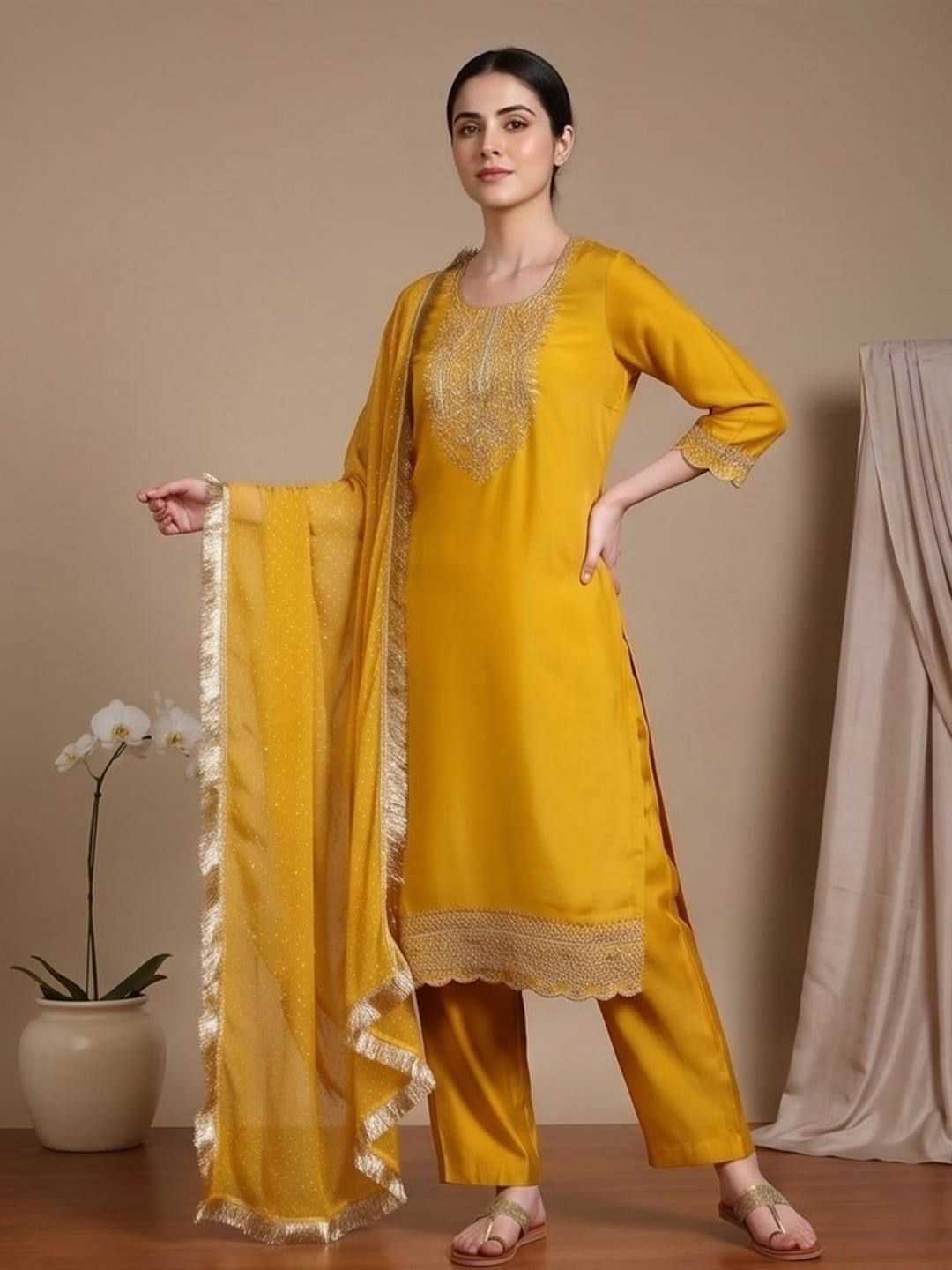 The Kurti Collection Zari embroidered yoke Kurta With trouser and Dupatta