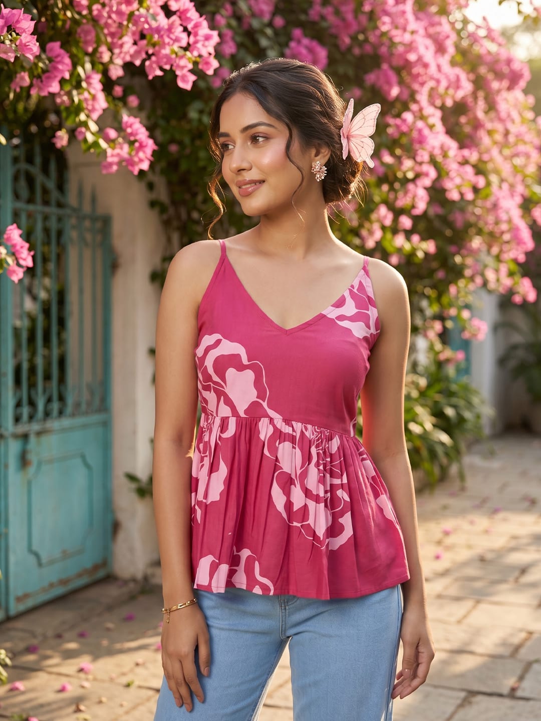 The Kurti Collection Fuchsia & Pink Floral Babydoll Top With Gathered Waist