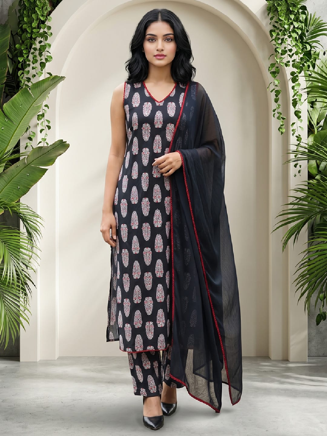 Black Sleeveless Kurta Set with Printed Trousers & Chiffon Dupatta