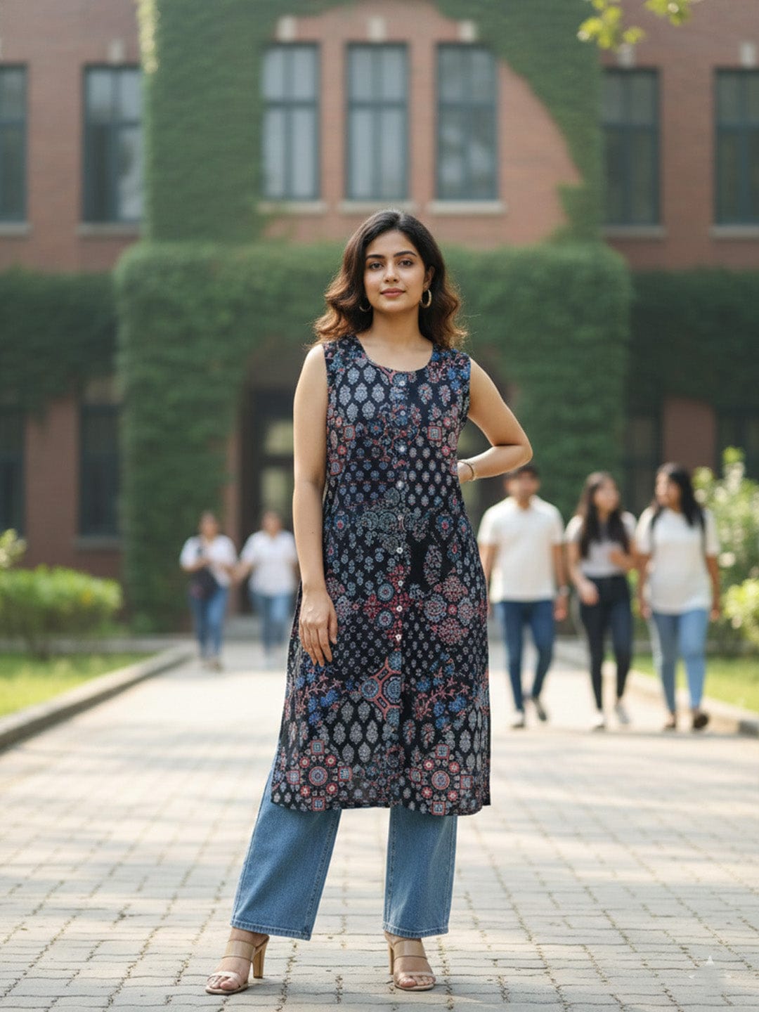 The Kurti Collection Sleeveless Ethnic Printed Straight Kurta with Round Neck