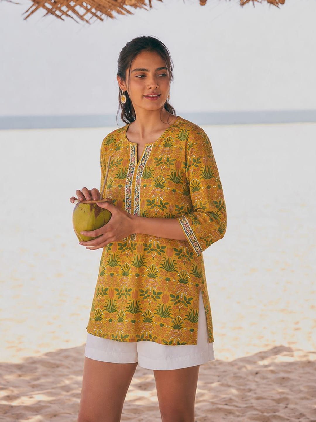 Mustard Yellow Botanical Print Notch-Neck Short Kurta