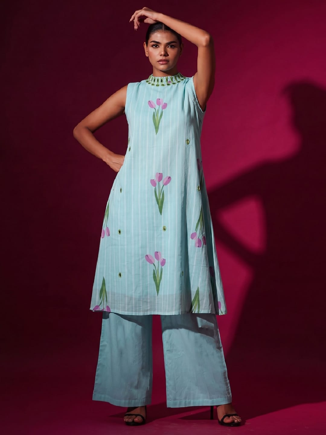 Sky Blue Tulip Print Halter Neck Kurta Set With Wide-Leg Trousers
