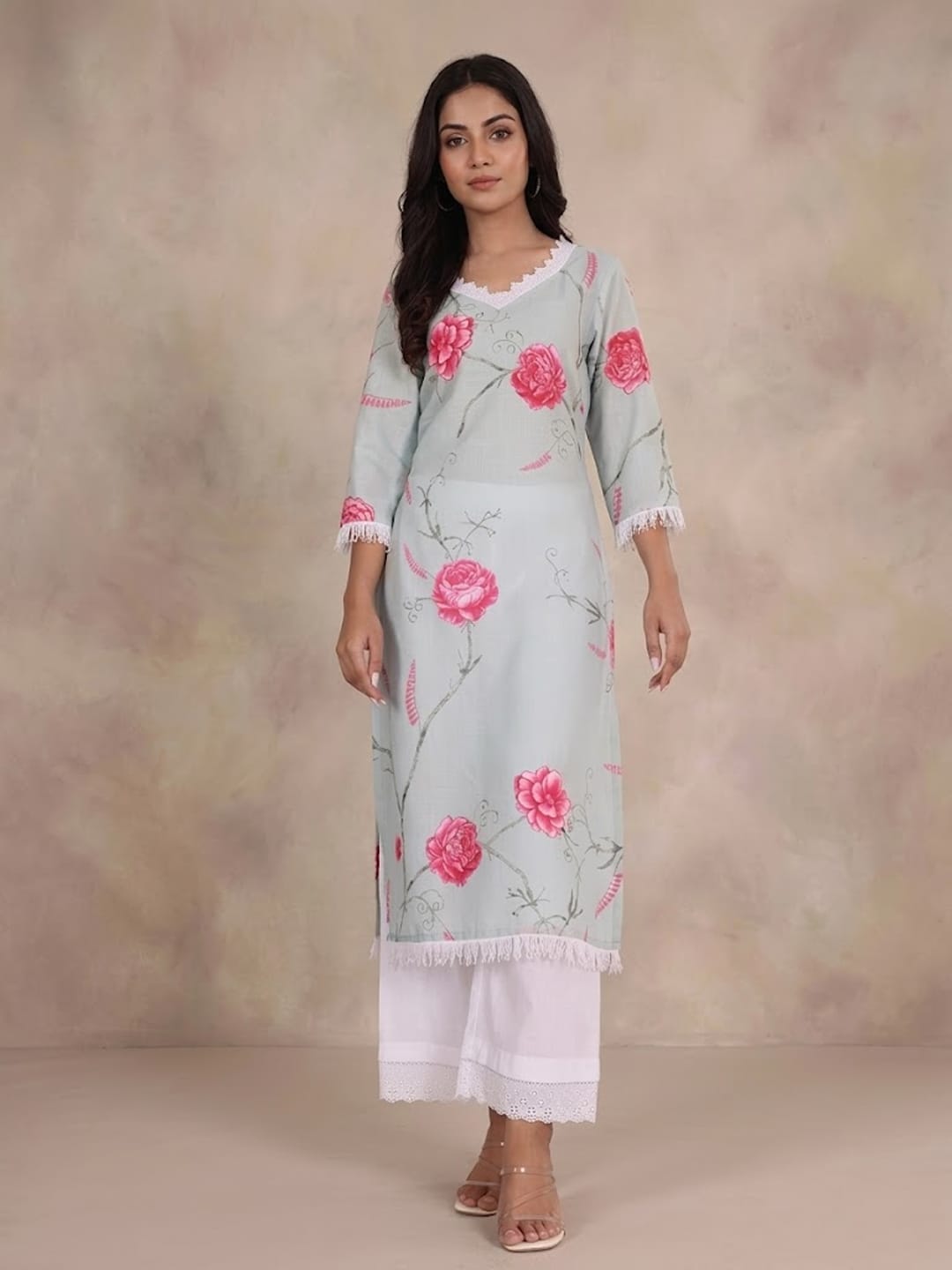 The Kurti Collection Women Floral Printed Lace Detail Straight Kurta