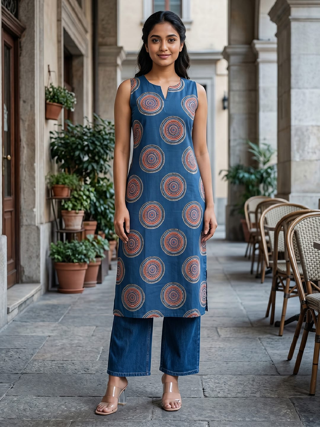 Women's Blue Geometric Printed Sleeveless Straight Kurta
