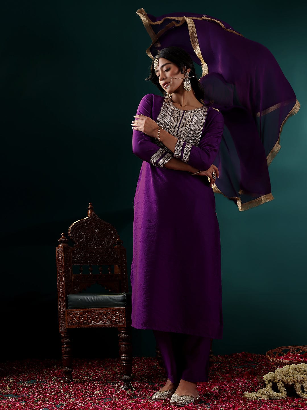 The Kurti Collection Women Pruple Zari Embroidered Kurta With Bottom And Dupatta