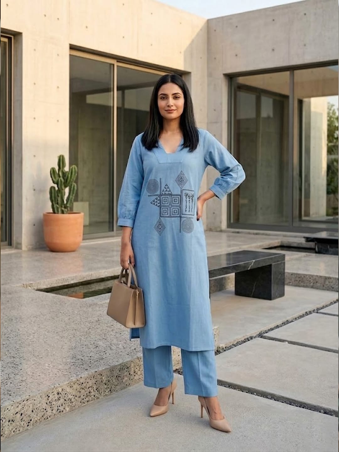 Glass Neck Blue Kurta Set In Cotton