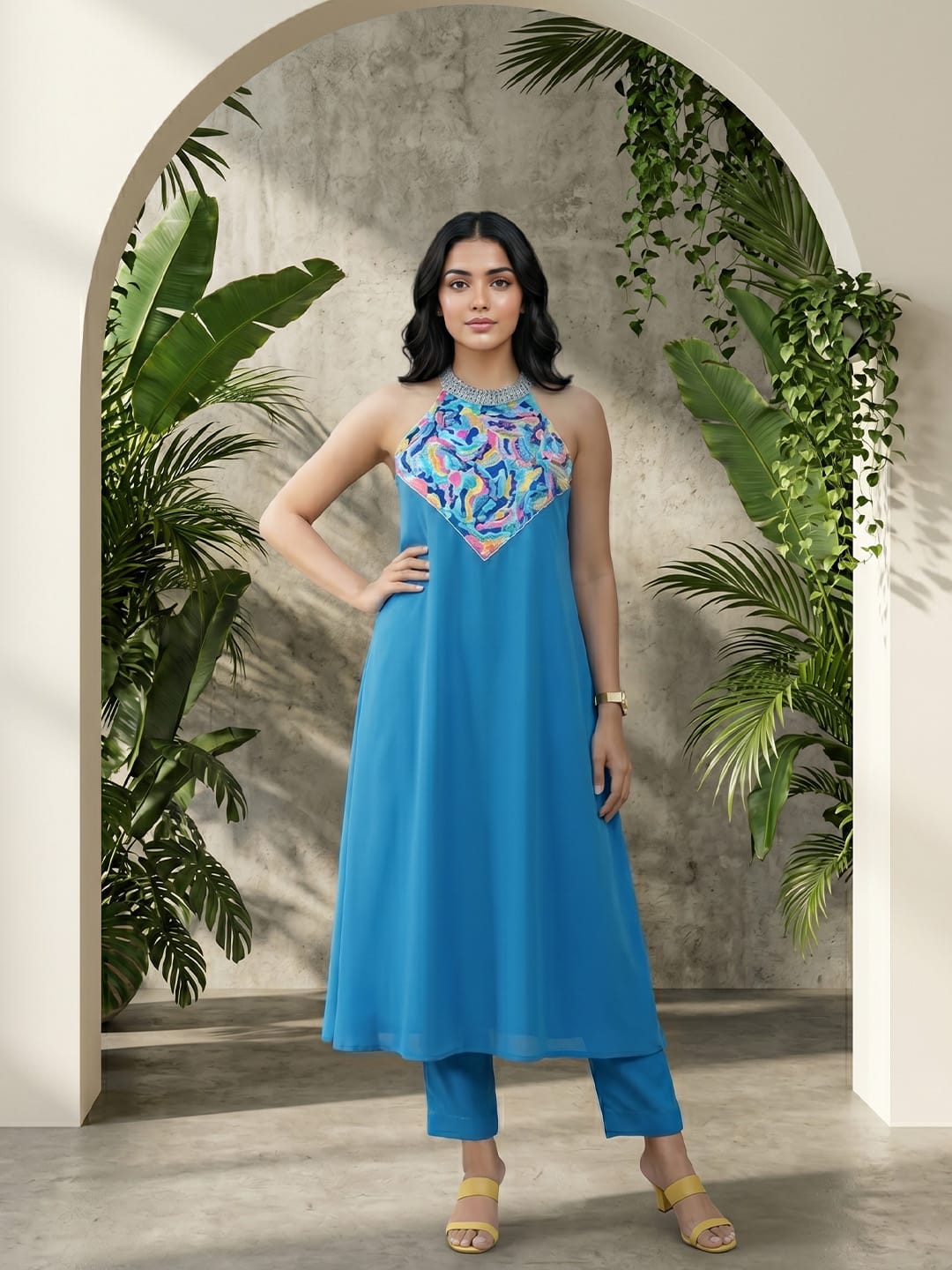 The Kurti Collection Women Halter Neck Blue Sleeveless Flared Kurta Paired With Tonal Bottom