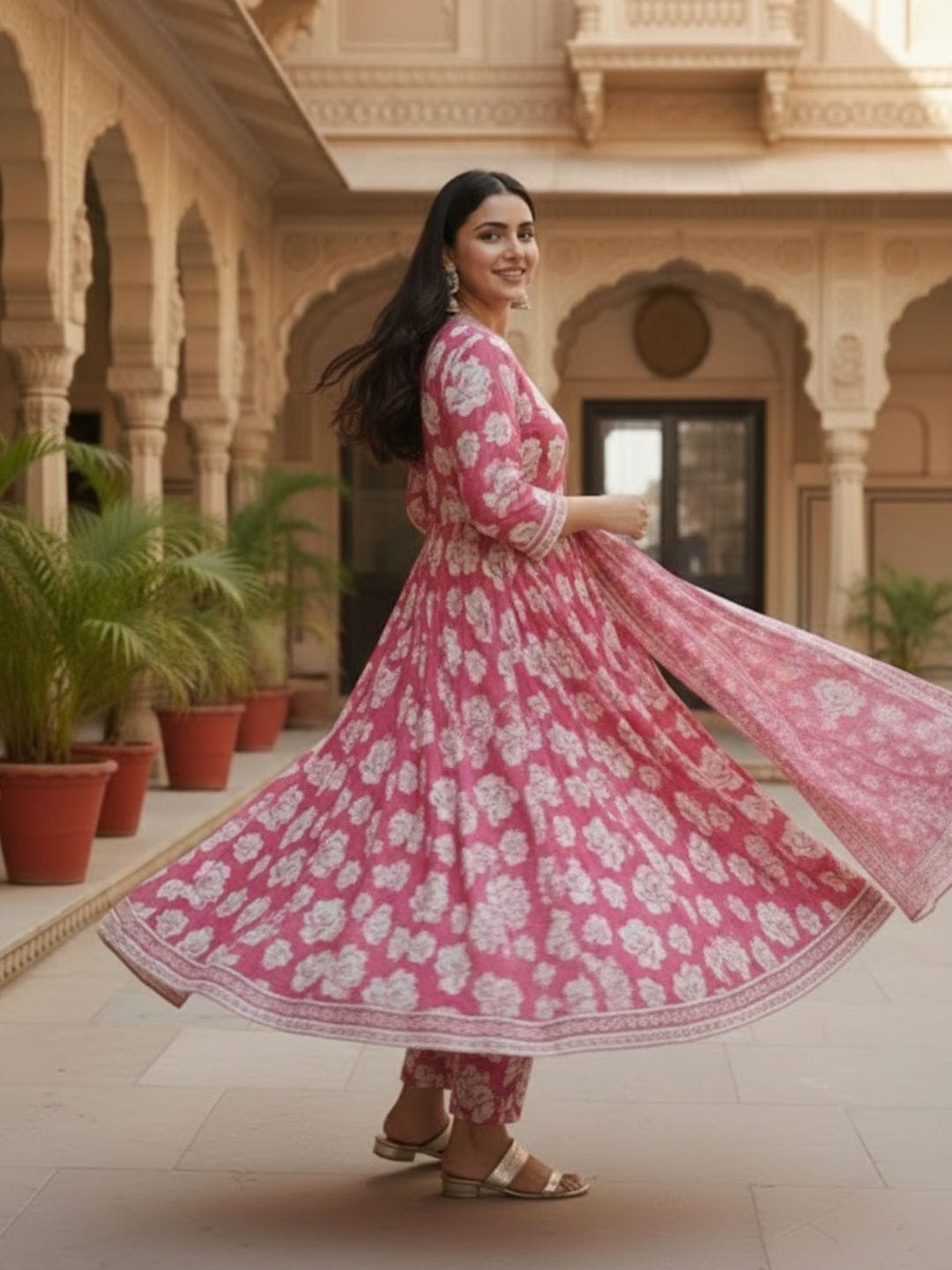Blooming Fuchsia Hand-Block Print Cotton Anarkali Set