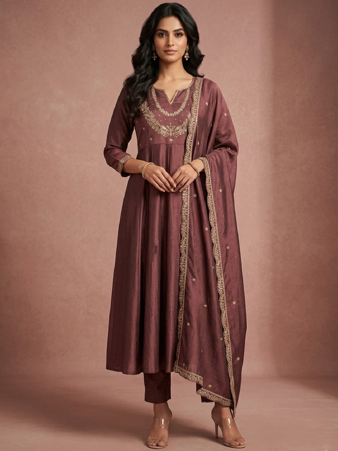 Women's Vintage Gilded Mauve Anarkali Set