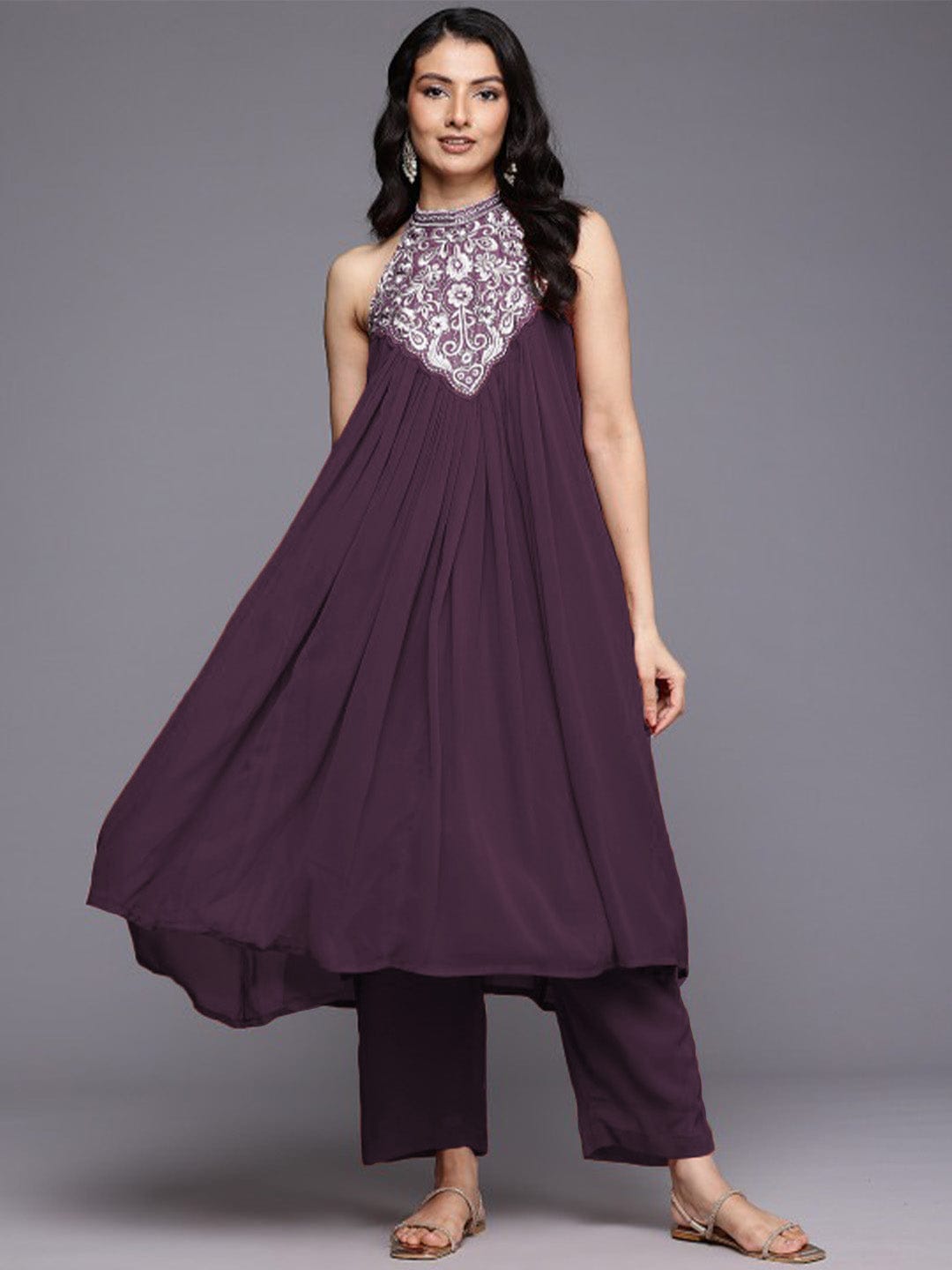 The Kurti Collection Women Halter Neck Zari And Sequence Embroidered Sleeveless Flared Kurta Paired With Tonal Bottom