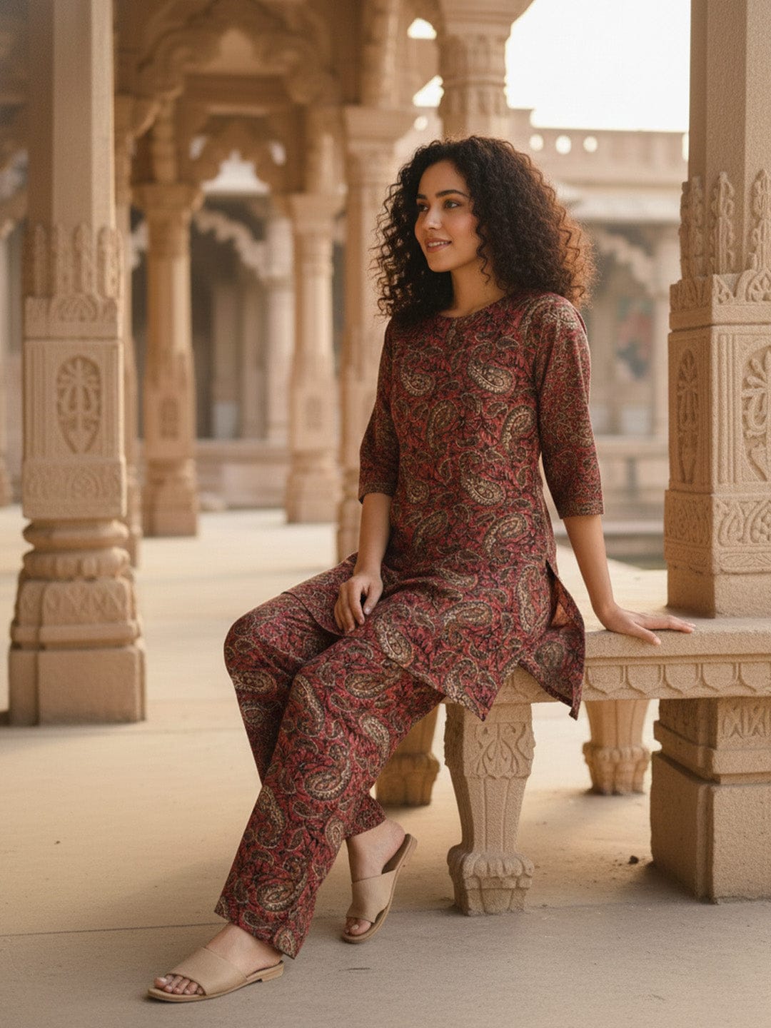 The Kurti Collection women's Maroon Ethnic Kurta Set Straight-fit kurta with slit neckline, paired with straight trousers.