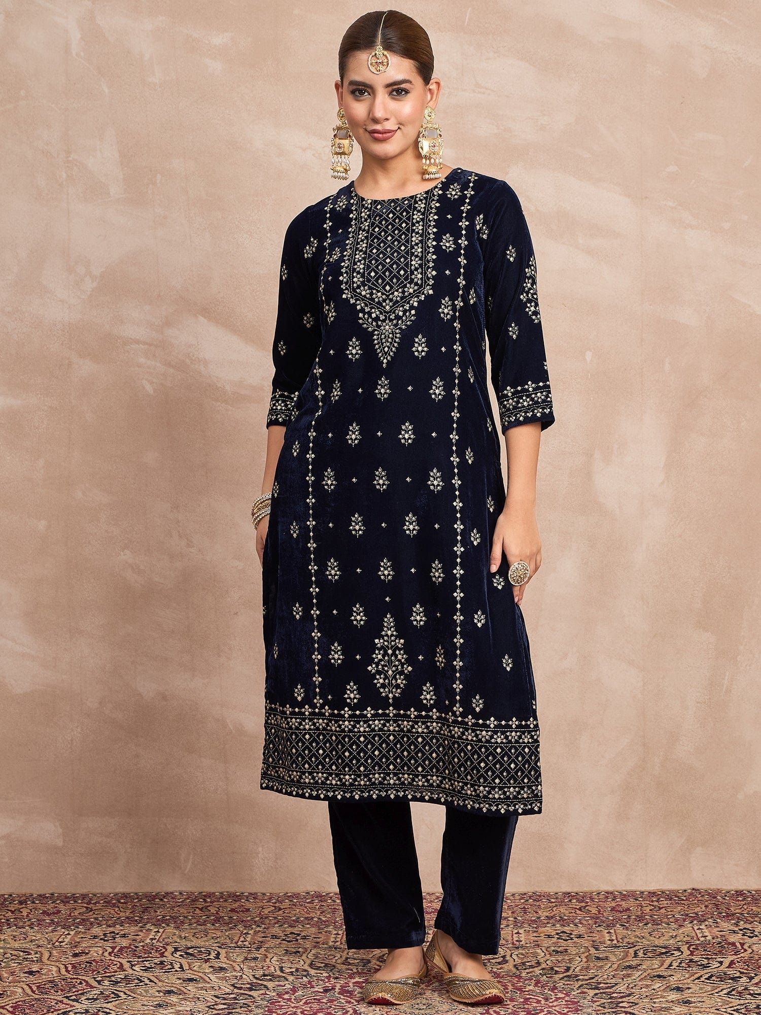 Velvet Kurta Set , Paired With Trousers, And A Printed Velvet Dupatta